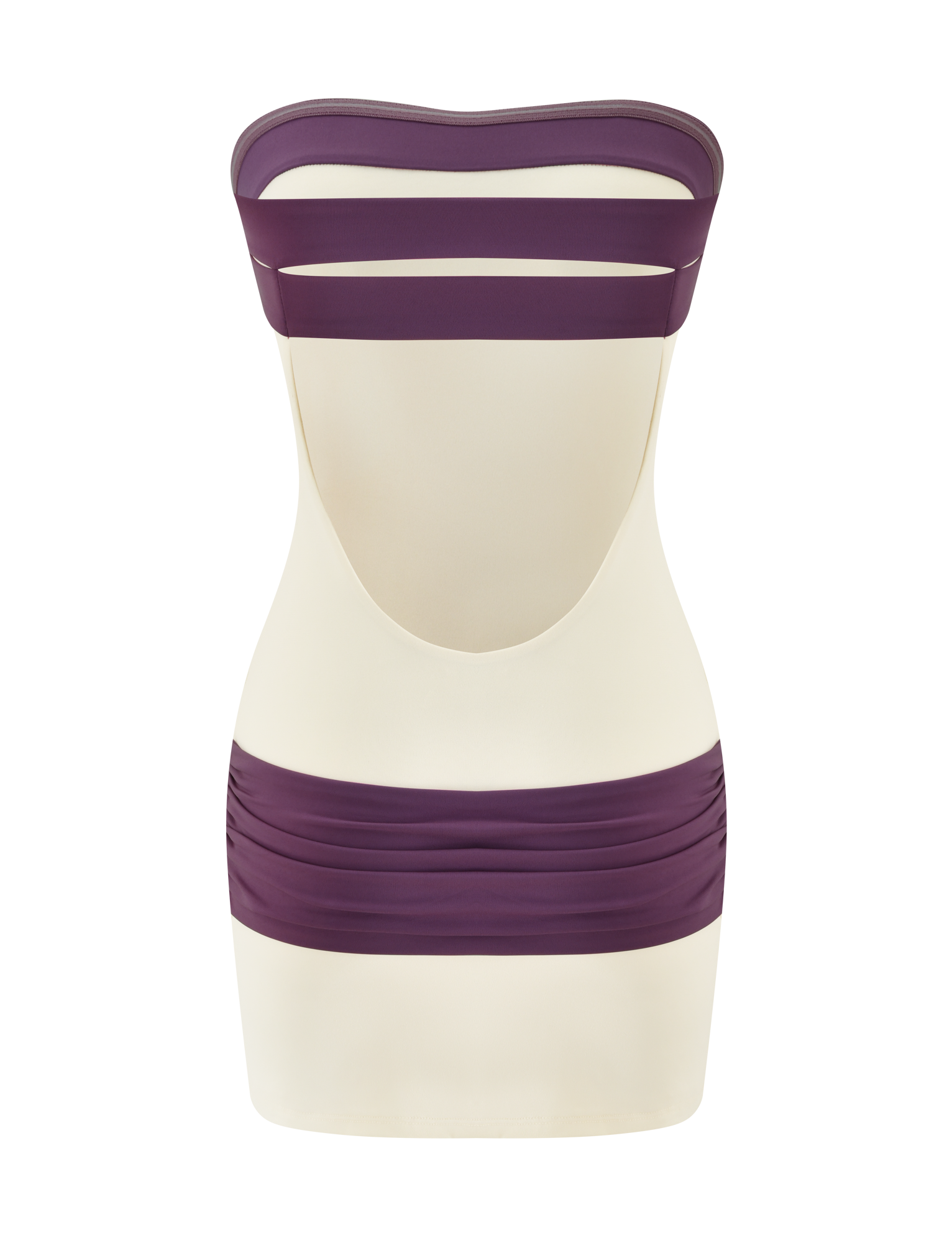 The TIGERMIST EOS MINI DRESS in cream and dusty lilac features bold color blocking, a strapless bodycon fit, and a dramatic open back cut-out—perfect for standout party style.