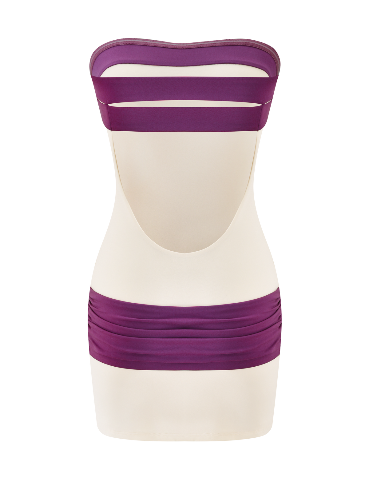 The TIGERMIST EOS MINI DRESS in cream and dusty lilac features a fitted, color-blocked silhouette with bold purple bands and a low-cut open back—a chic strapless mini perfect for making a statement at any event.