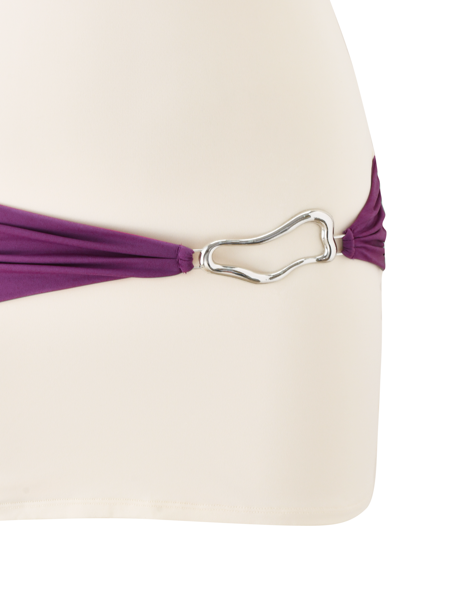 A close-up of the TIGERMIST EOS MINI DRESS in cream and dusty lilac, featuring a color-blocked design with a purple strap and a silver, irregular-shaped metal buckle on one side.