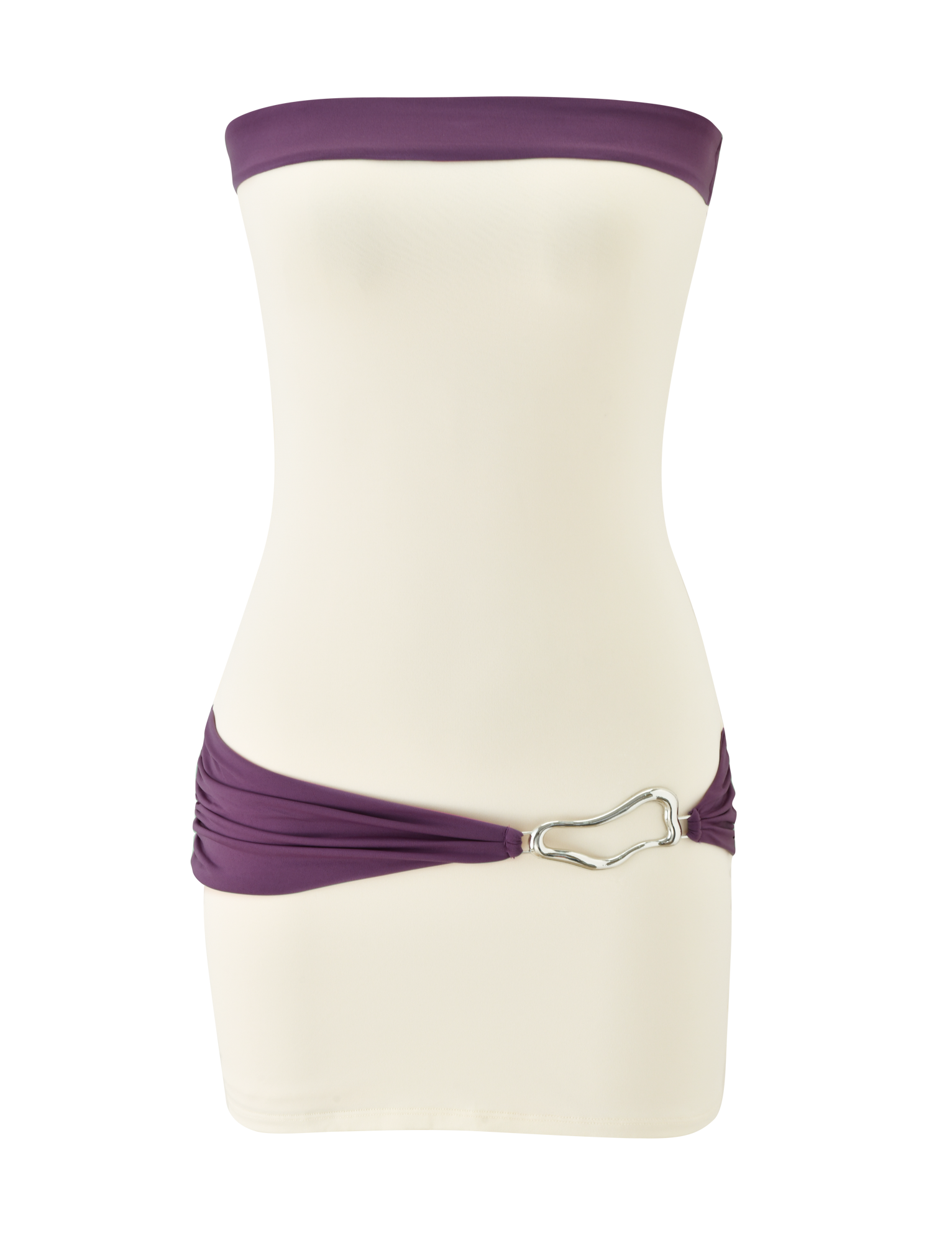 The TIGERMIST EOS MINI DRESS in cream and dusty lilac is a strapless, body-hugging mini dress with a purple banded top and matching hip sash, finished with a large silver abstract buckle, shown here on a mannequin.