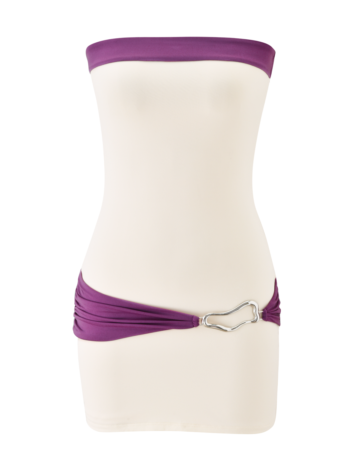 The TIGERMIST EOS MINI DRESS in cream and dusty lilac hugs the mannequin’s form, detailed with a strapless neckline and a chic, metallic heart-shaped belt buckle at the waist.