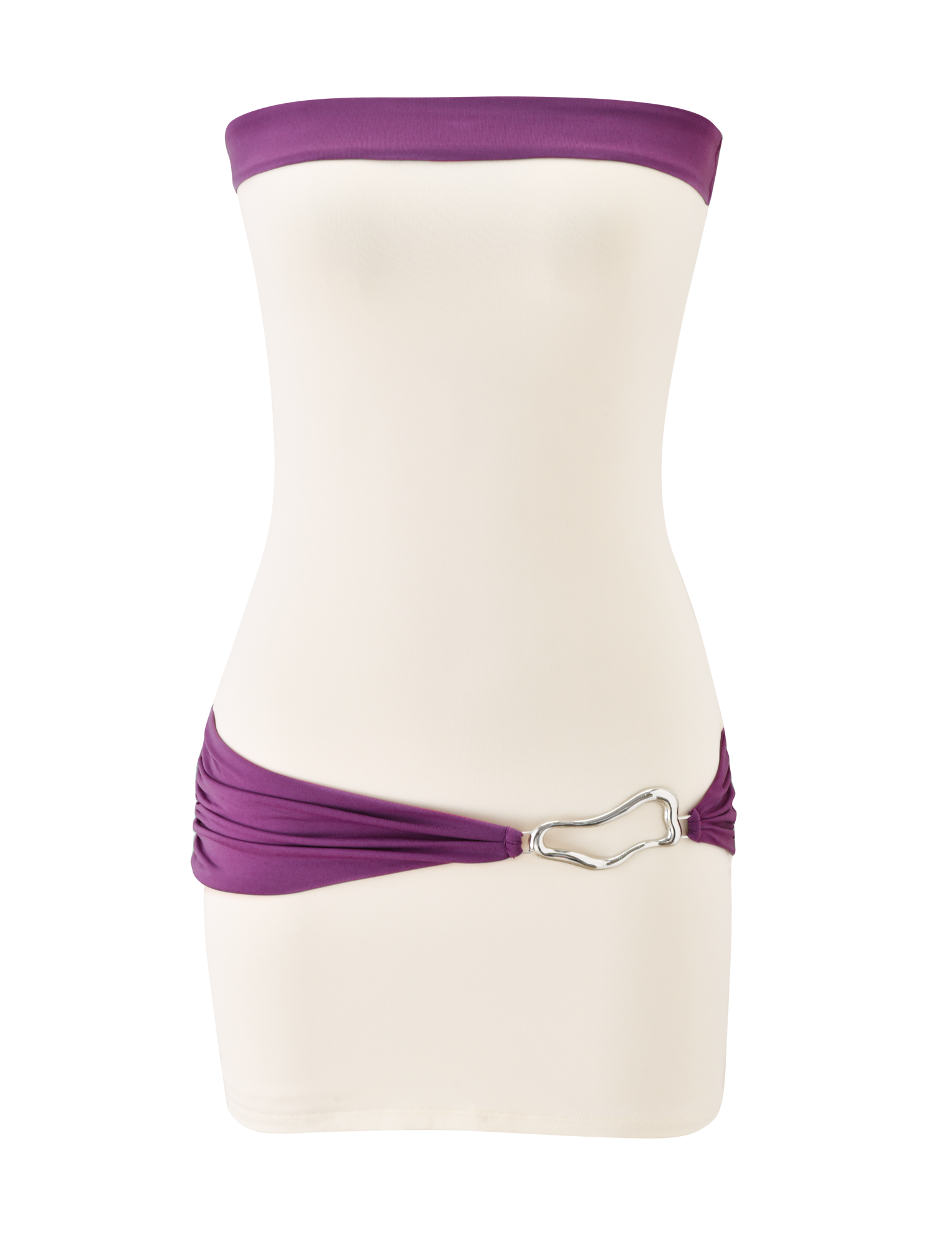 The TIGERMIST EOS MINI DRESS in cream and dusty lilac hugs the mannequin’s form, detailed with a strapless neckline and a chic, metallic heart-shaped belt buckle at the waist.