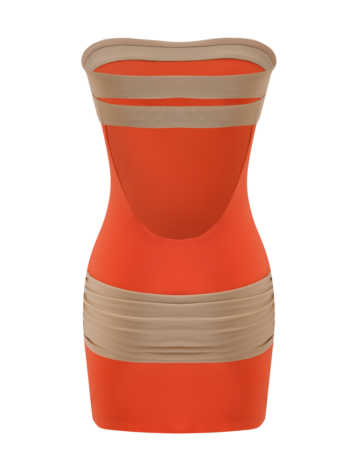 The TIGERMIST EOS MINI DRESS in persimmon and taupe is a strapless, bodycon party dress with bold color blocking, wide beige bands at the chest, waist, and hip, plus an open back for a striking look.