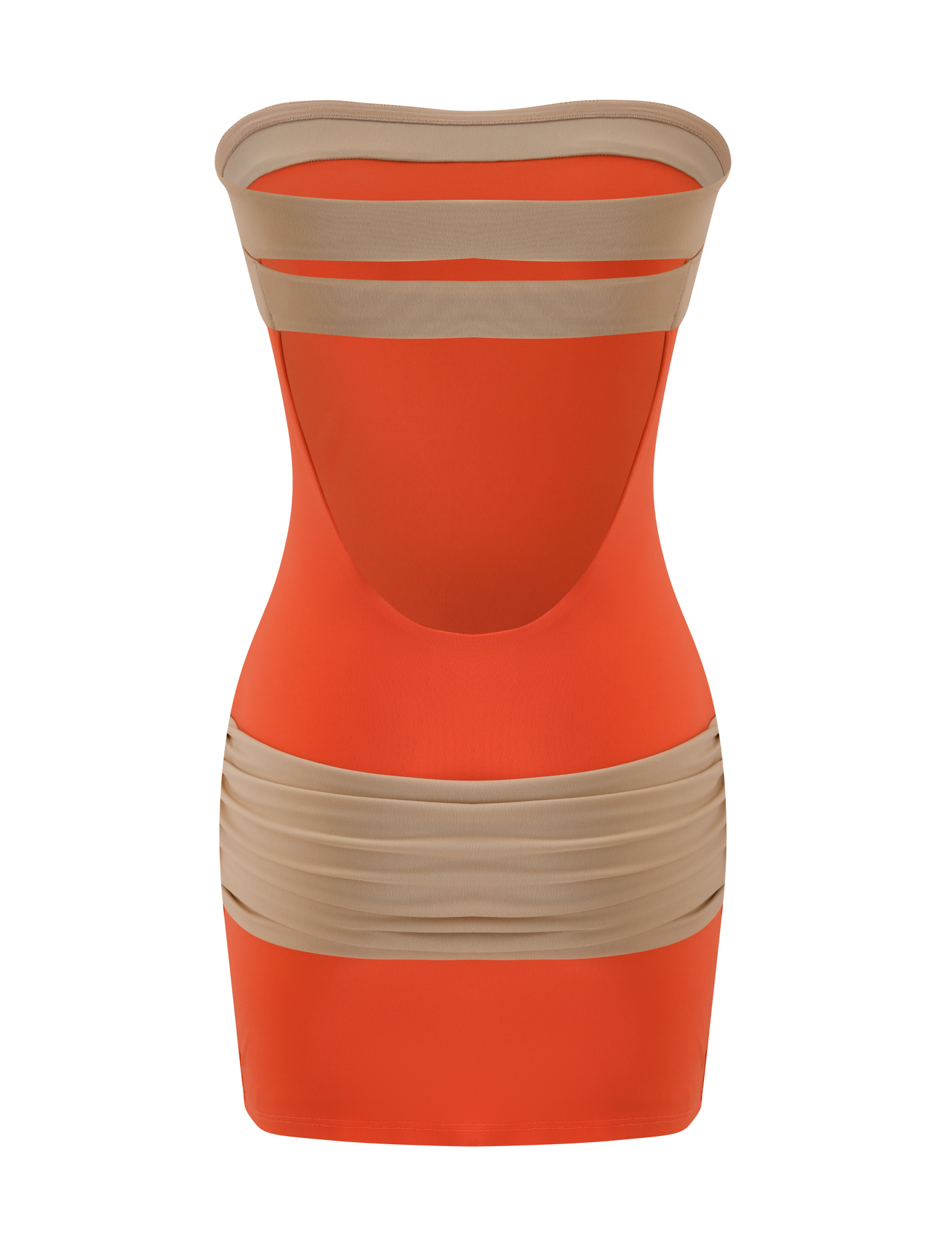 The TIGERMIST EOS MINI DRESS in persimmon and taupe is a strapless, bodycon party dress with bold color blocking, wide beige bands at the chest, waist, and hip, plus an open back for a striking look.