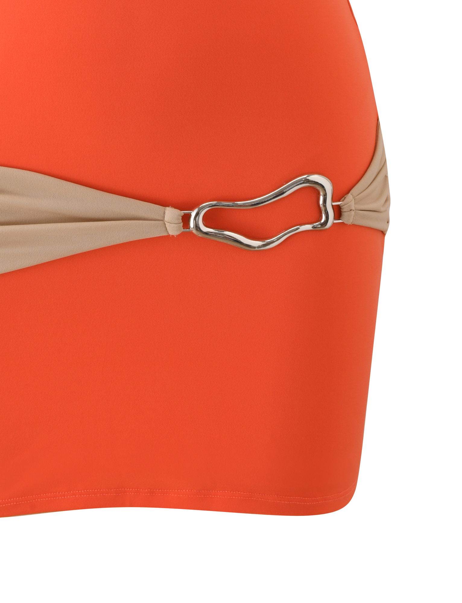 Close-up of the EOS MINI DRESS in persimmon and taupe by TIGERMIST, featuring chic color blocking and a beige strap with a silver buckle detail, shown against a white background.