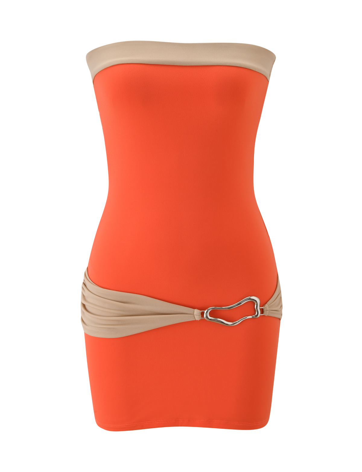 The TIGERMIST EOS MINI DRESS in persimmon and taupe is a strapless, color-blocked mini dress with beige bands and a silver heart-shaped buckle—perfect for parties.