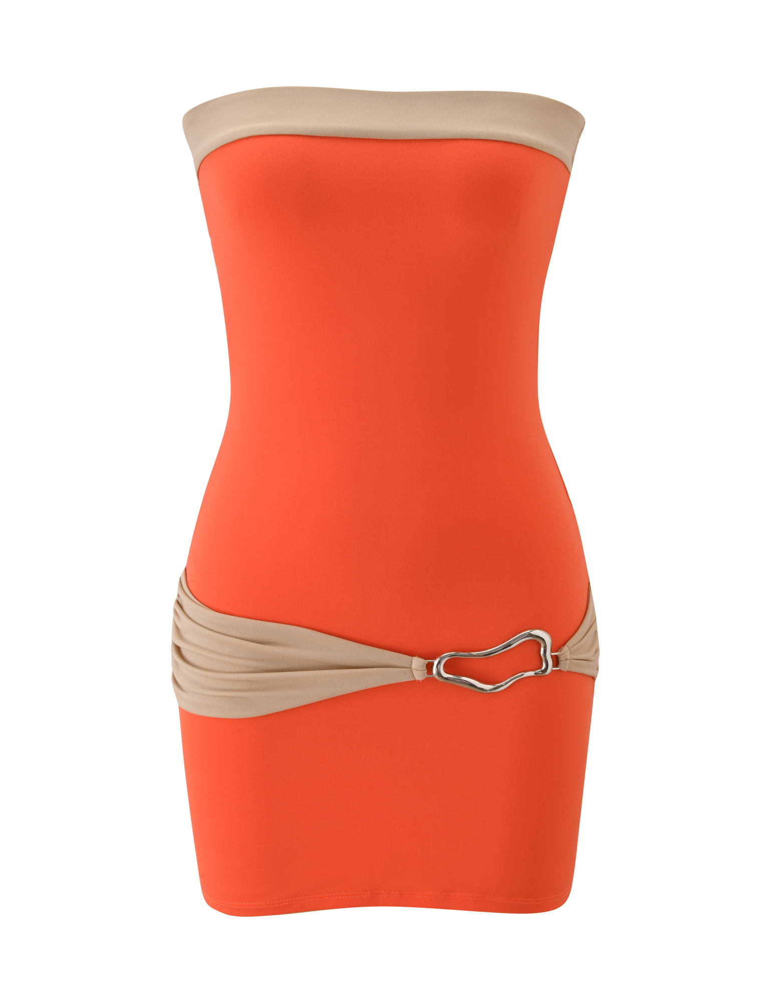 The TIGERMIST EOS MINI DRESS in persimmon and taupe is a strapless, color-blocked mini dress with beige bands and a silver heart-shaped buckle—perfect for parties.