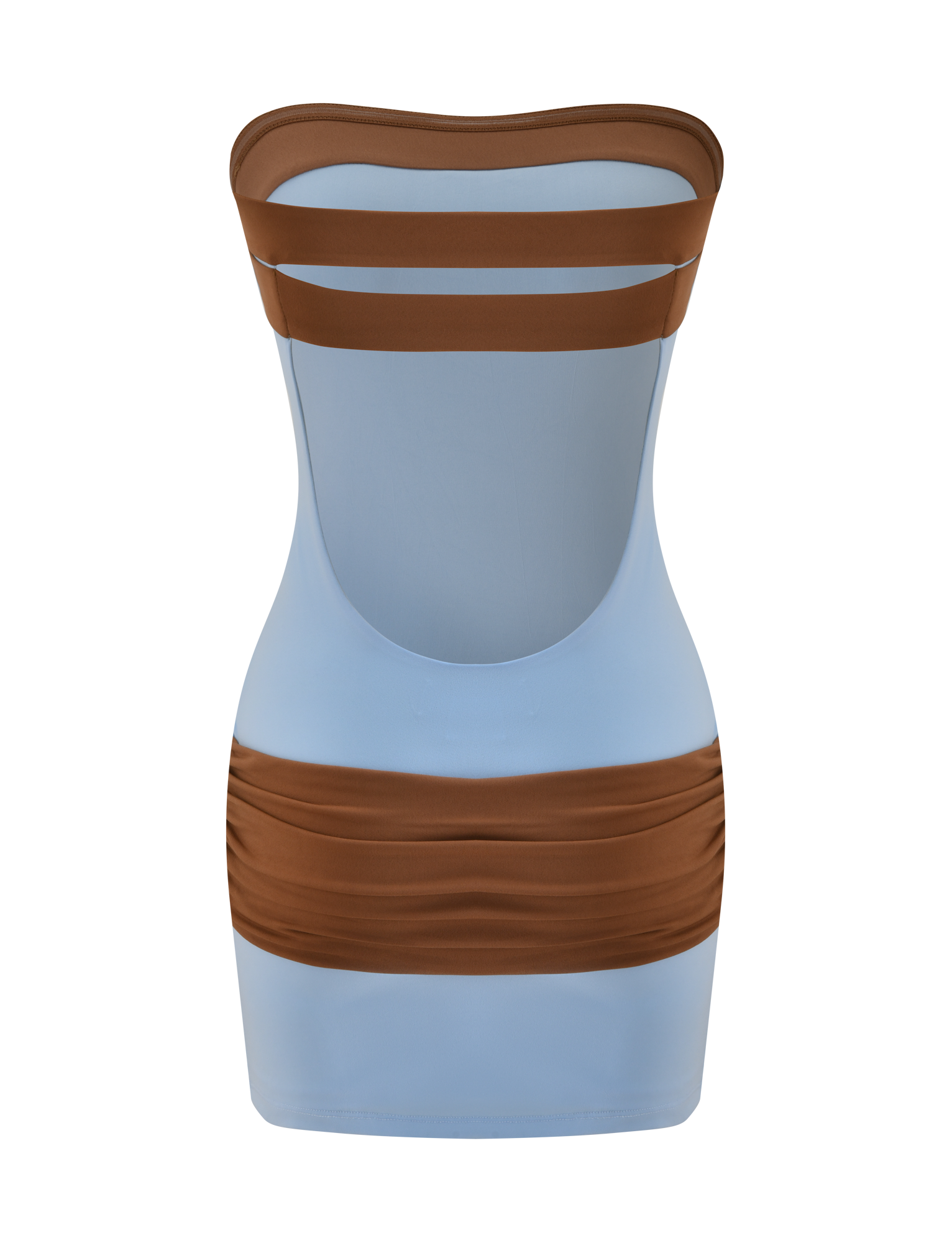 The TIGERMIST EOS MINI DRESS in soft blue and mocha features a strapless design with bold color blocking, brown bands across the chest and waist, a cutout open back, and ruched hip detailing for a chic statement look.