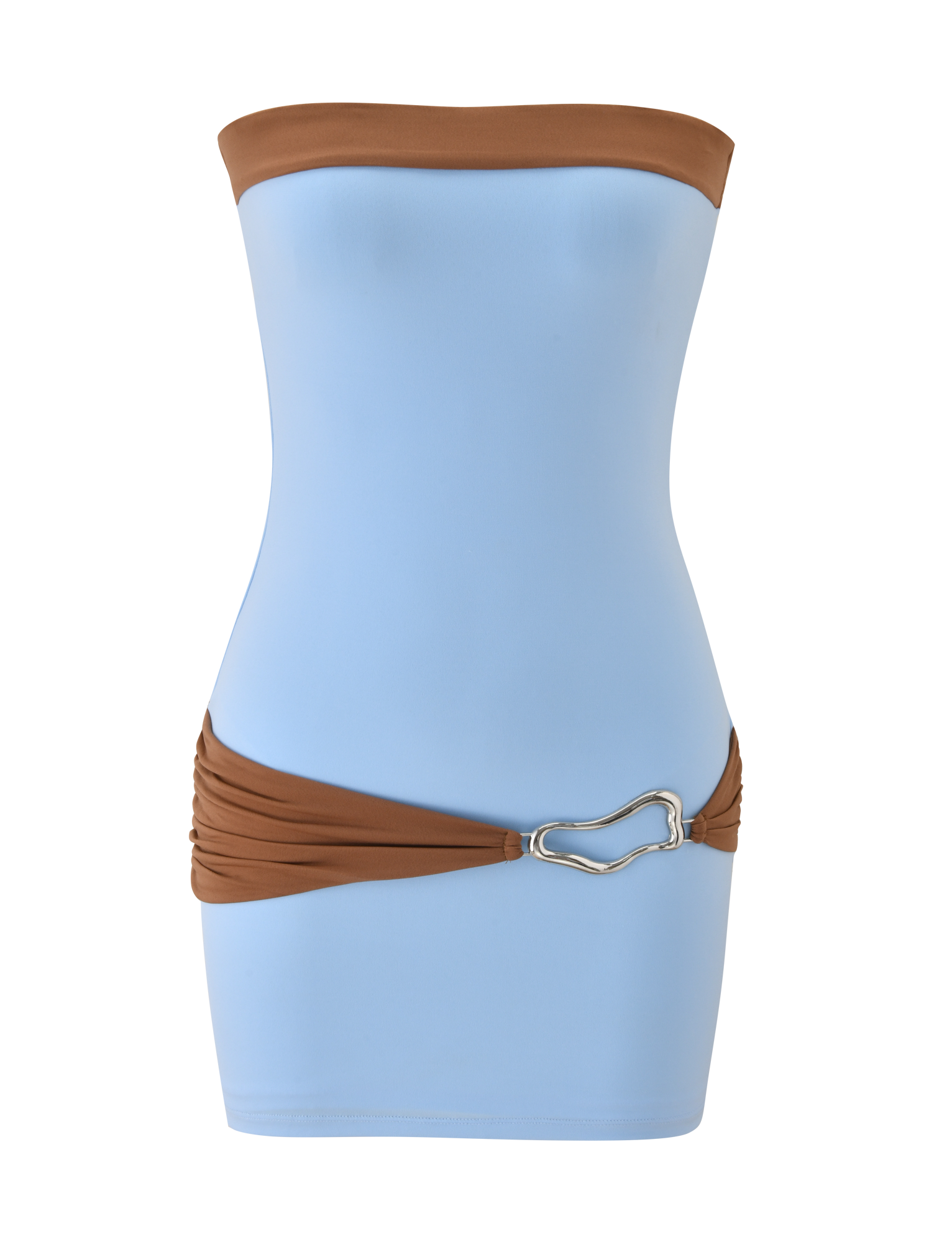 The EOS MINI DRESS by TIGERMIST features a soft blue strapless mini silhouette with mocha accents and a silver heart-shaped buckle for an effortlessly chic color-blocked look.