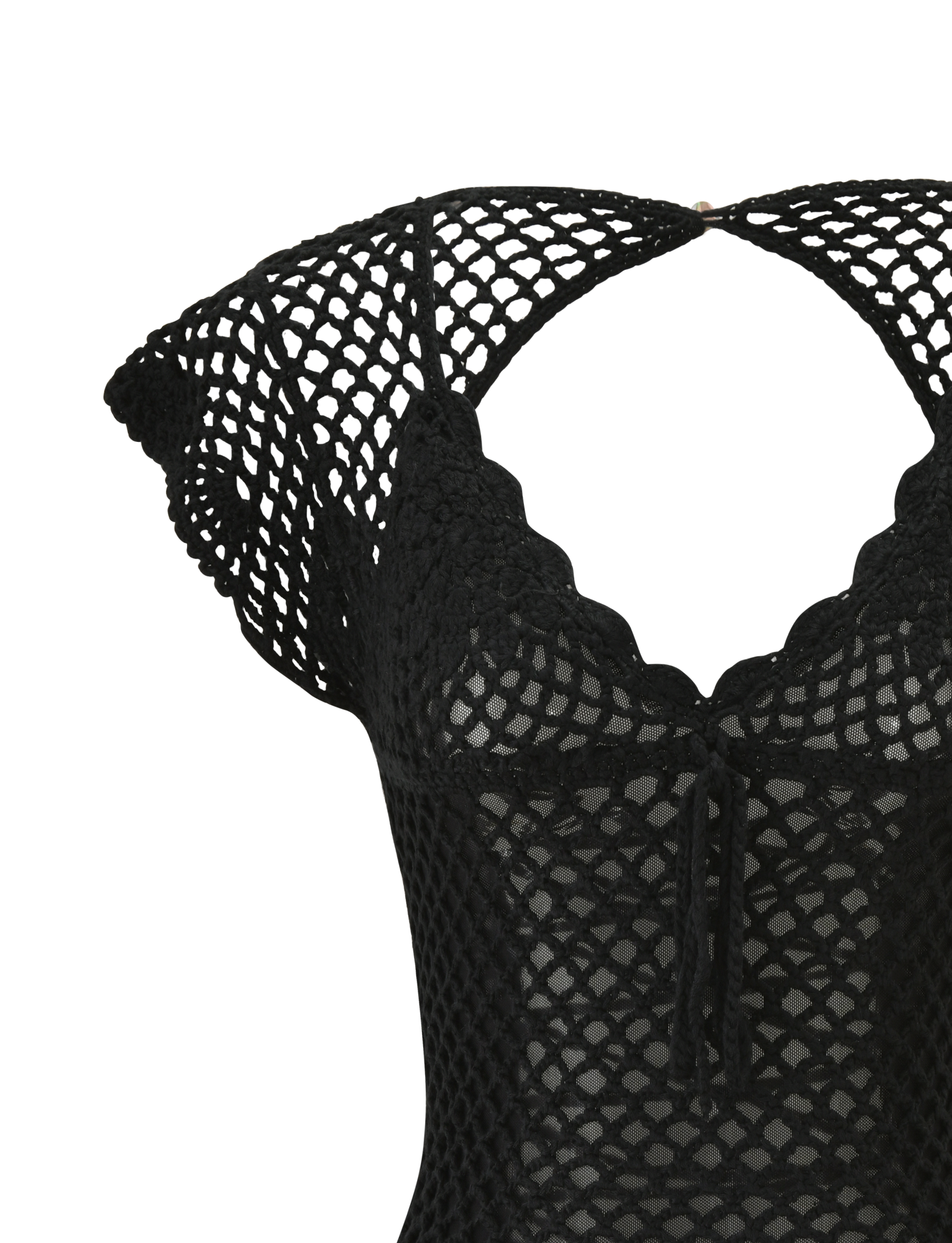 Close-up of the SASHA CROCHET MINI DRESS - BLACK by TIGERMIST, a black crochet mini dress with short sleeves, scalloped V-neckline, and tie detail at the chest, displayed on a white background. The dress also features a delicate lace-up back for an added touch of elegance.
