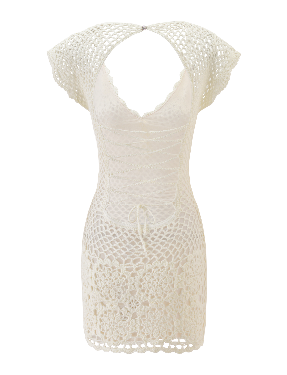 The SASHA CROCHET MINI DRESS - WHITE by TIGERMIST is a short, semi-sheer dress featuring cap sleeves, a lace-up front, open back, and floral knit patterns—ideal for vacations or as a chic swim cover-up.