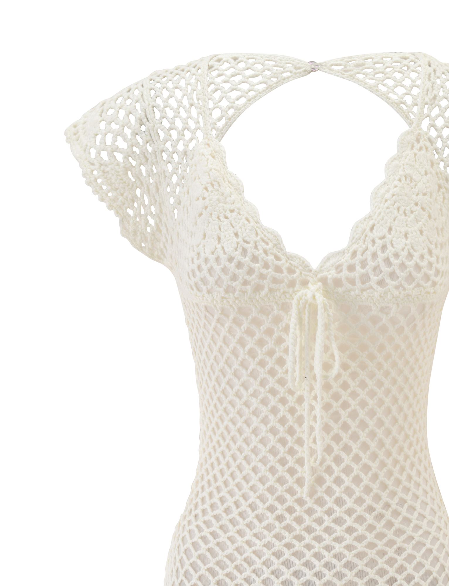 The SASHA CROCHET MINI DRESS by TIGERMIST features a cream-white crochet design with cap sleeves, a scalloped V-neckline, front tie, and open net-like pattern—perfect as a swim cover-up or for vacation wear.