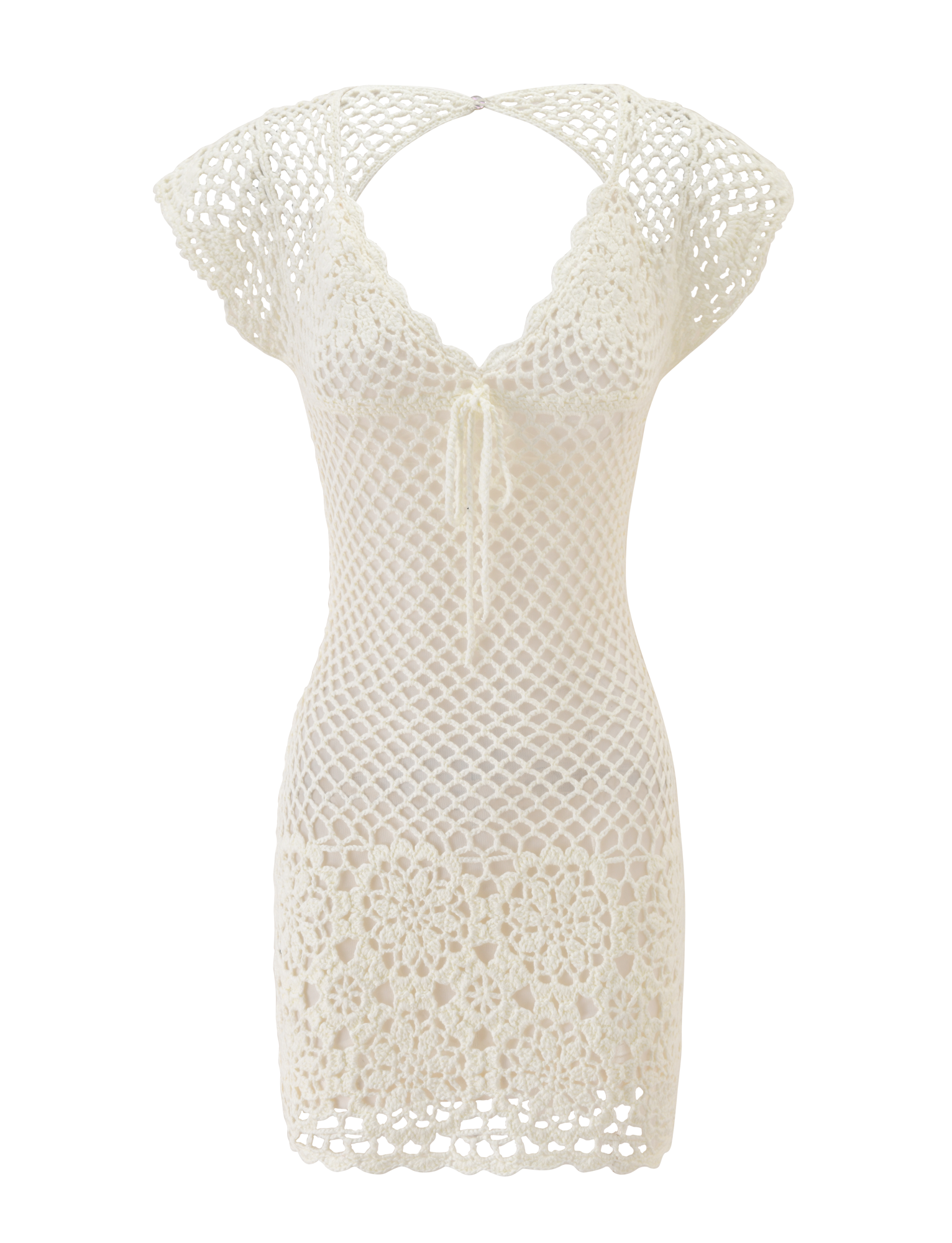 The SASHA CROCHET MINI DRESS by TIGERMIST is a cream-white mini with cap sleeves, V-neckline, tie front, and scalloped hem in floral and geometric crochet—ideal as a chic swim cover-up or vacation dress.