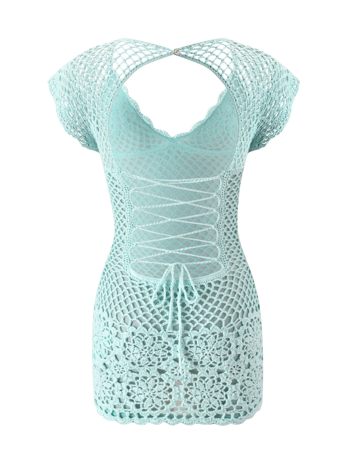 The SASHA CROCHET MINI DRESS - MINT by TIGERMIST features a lace-up front, scalloped sleeves, open back, and floral hem—an airy, see-through piece ideal as a chic bikini cover-up.