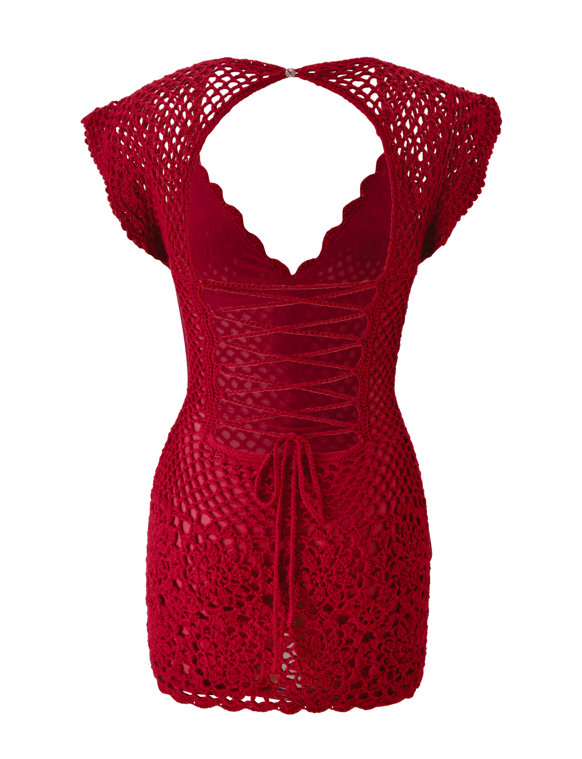 The SASHA CROCHET MINI DRESS - CHERRY RED by TIGERMIST features a scalloped neckline, cap sleeves, open back, lace-up front, and tie waist—ideal as a bold bikini cover up.