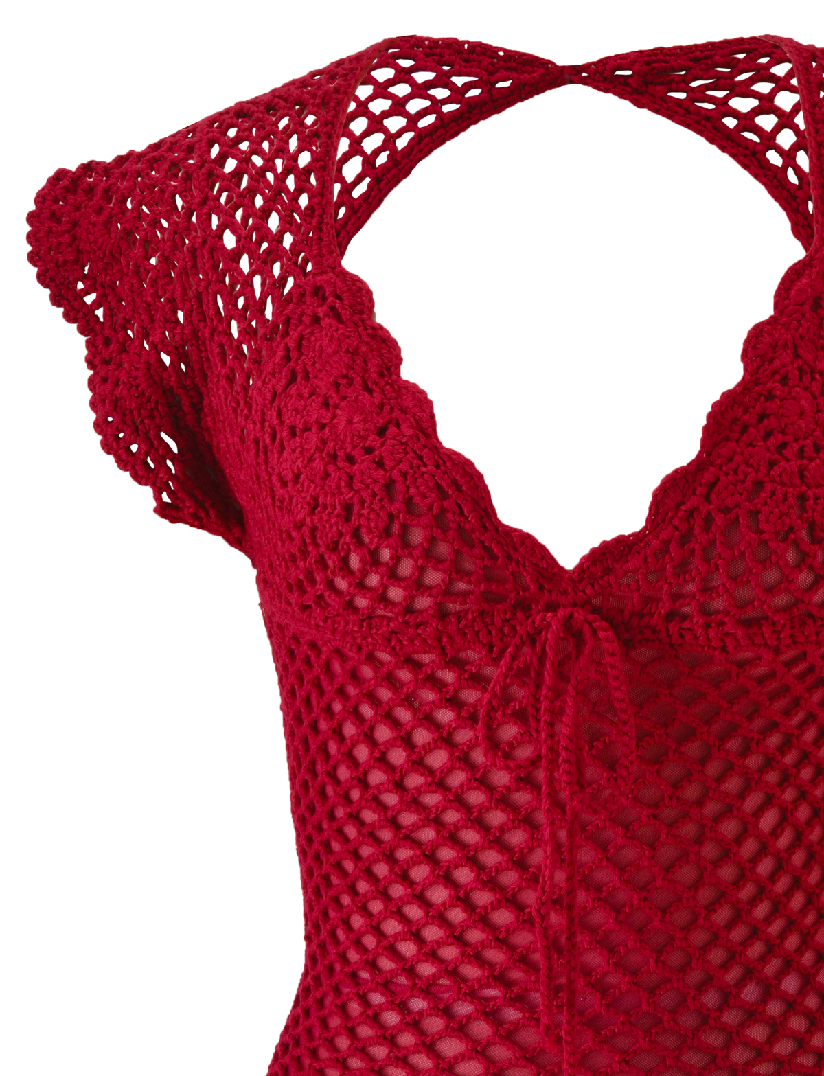 A close-up of the SASHA CROCHET MINI DRESS - CHERRY RED by TIGERMIST, featuring a scalloped neckline, cap sleeves, and drawstring front—an ideal stylish bikini cover up.