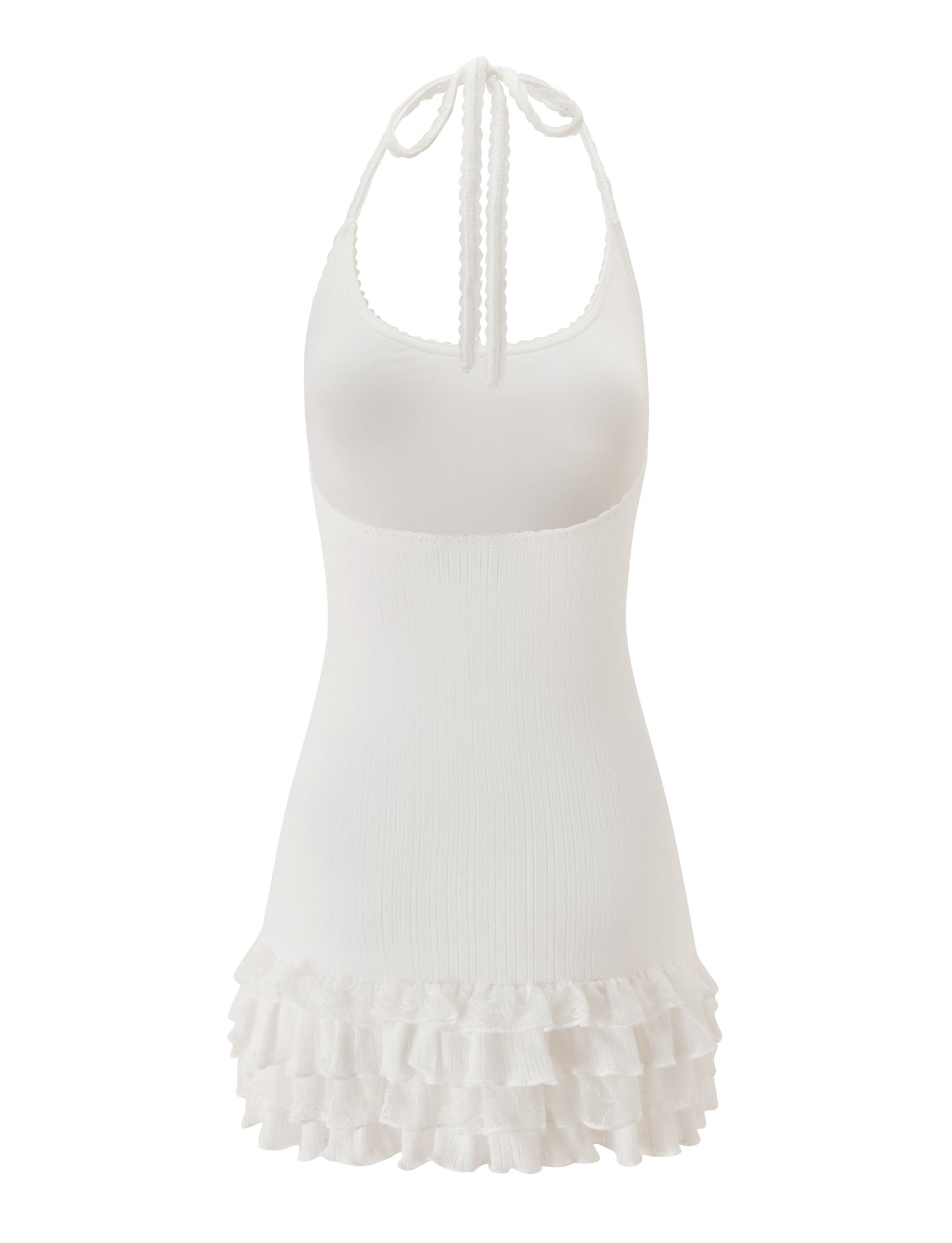 The TIPPI MINI DRESS - WHITE by TIGERMIST features a halter-neck design with a ribbed texture and multiple layers of ruffles at the hem, evoking the look of a delicate lace trim mini dress. Displayed on a plain white background.