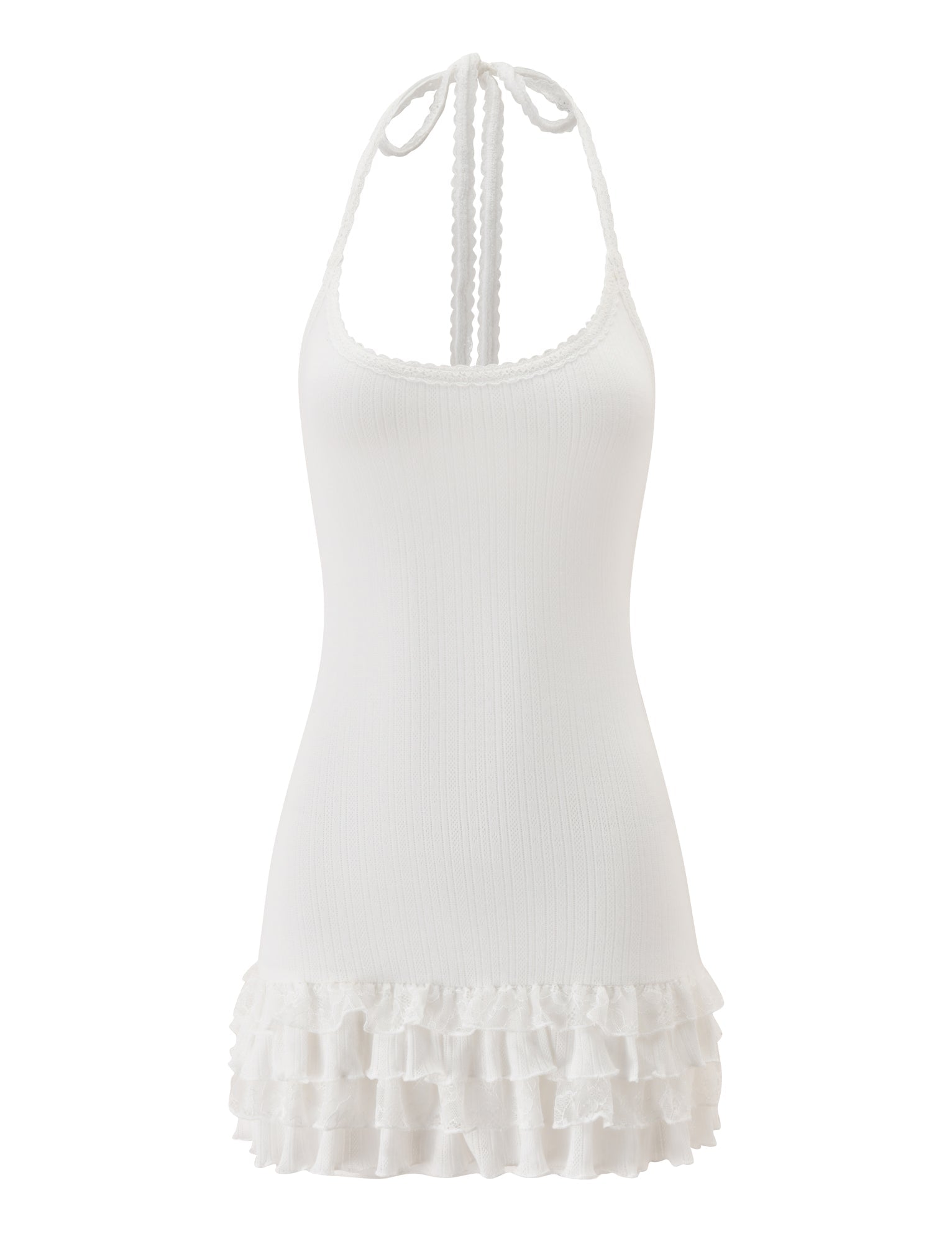 The TIPPI MINI DRESS - WHITE by TIGERMIST is a white halter-neck mini dress with a ribbed texture and a ruffled, layered hem. Featuring neck ties and a simple, fitted silhouette, this dress offers a modern update on the classic white mini dress style.