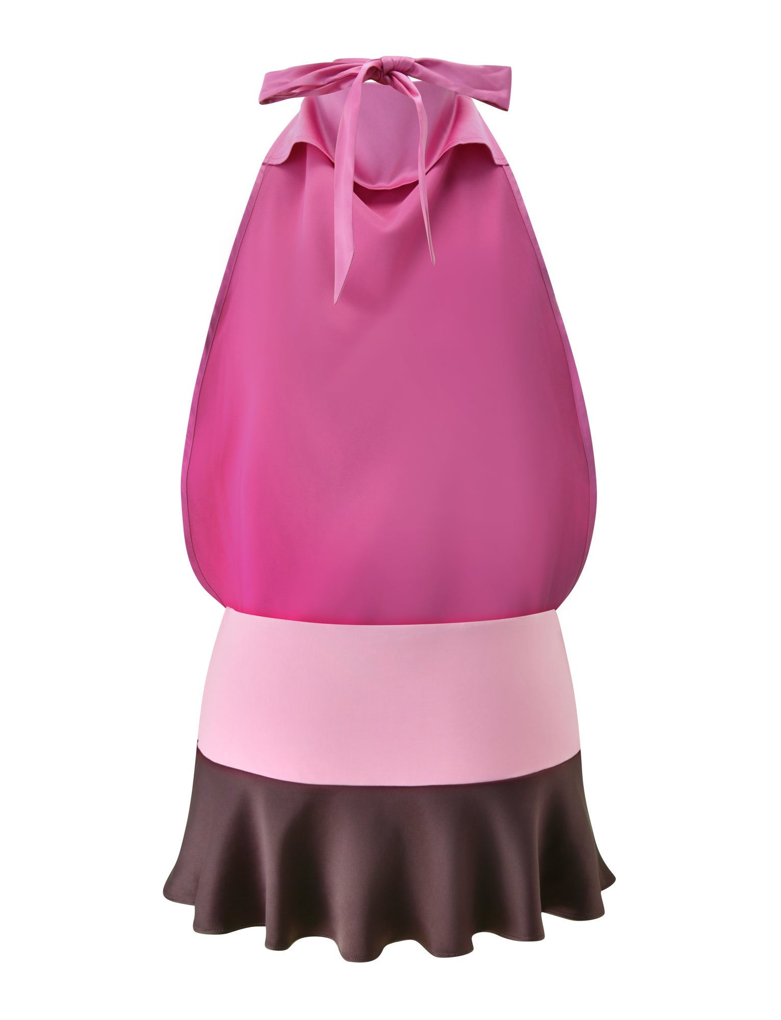The GRETA MINI DRESS - WILD BERRY by TIGERMIST features a sleeveless pink halter design with a light pink waistband and a dark brown ruffled hem, creating a striking color-blocked party dress look. The dress is displayed on a white background.