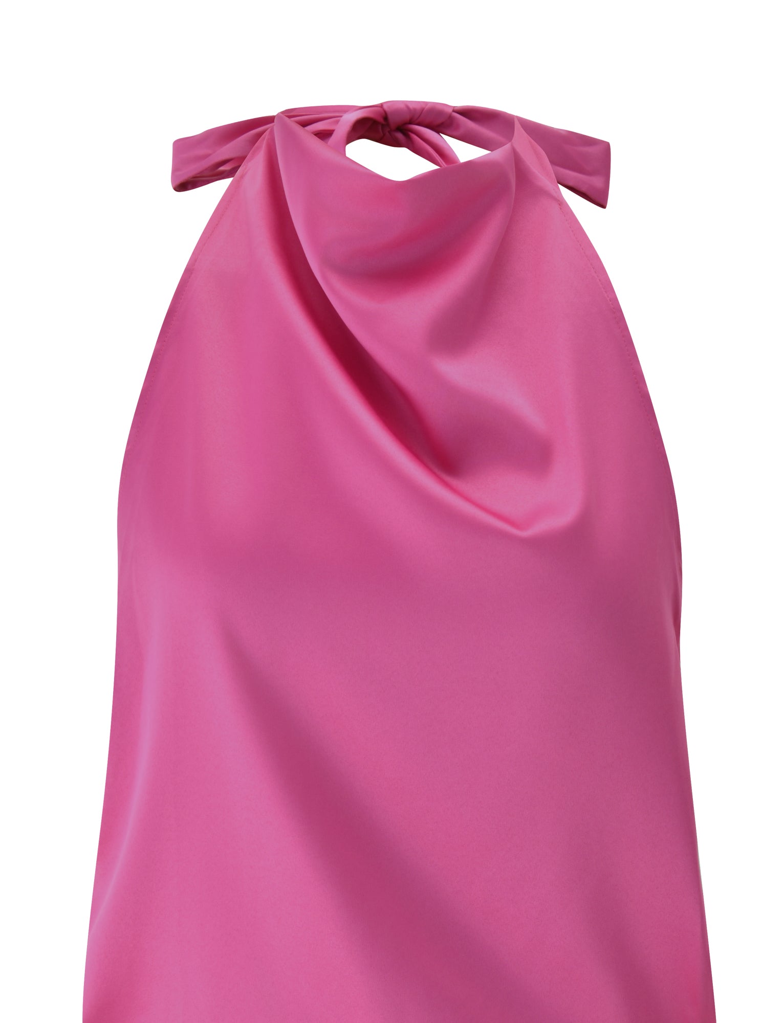 A sleeveless pink satin halter top with a high neckline and a loose, draped front, inspired by the TIGERMIST GRETA MINI DRESS in Wild Berry.