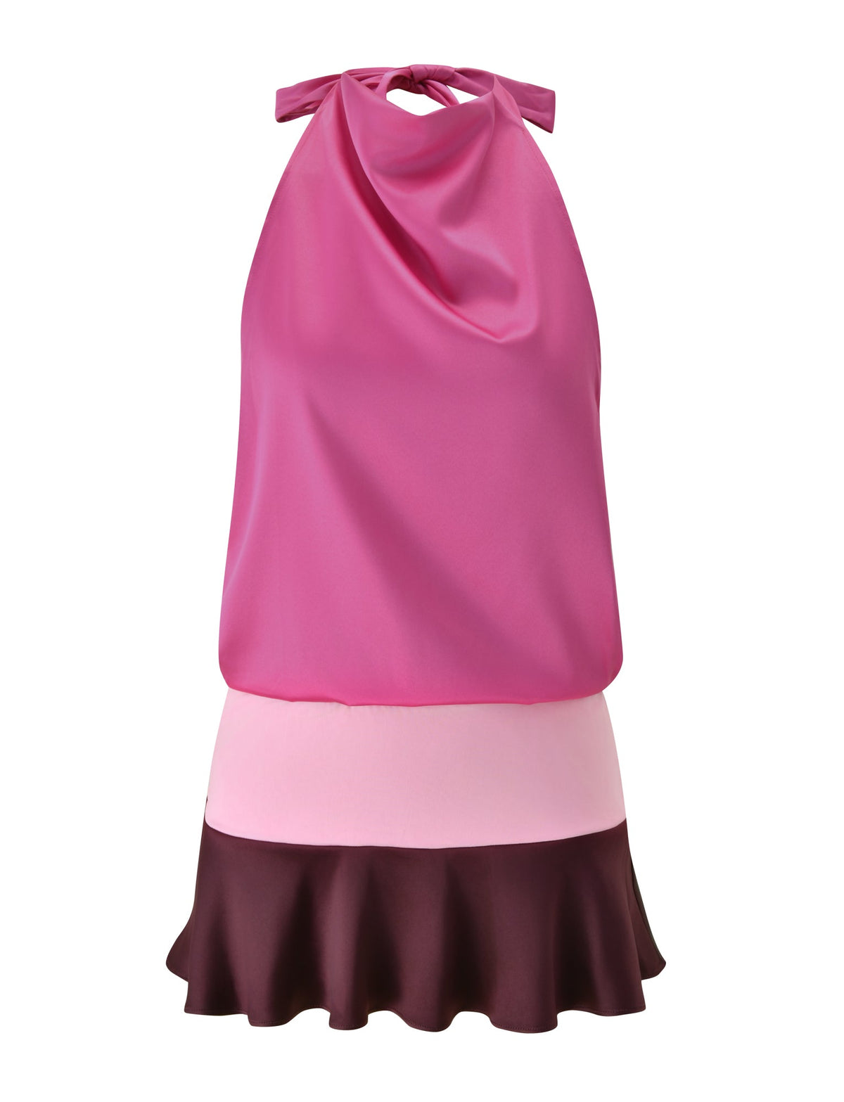 The GRETA MINI DRESS - WILD BERRY by TIGERMIST is a color-blocked party dress featuring a sleeveless halter neck, a draped pink top, and a contrasting light pink waistband, finished with a dark burgundy ruffled hem for an elegant yet striking look.