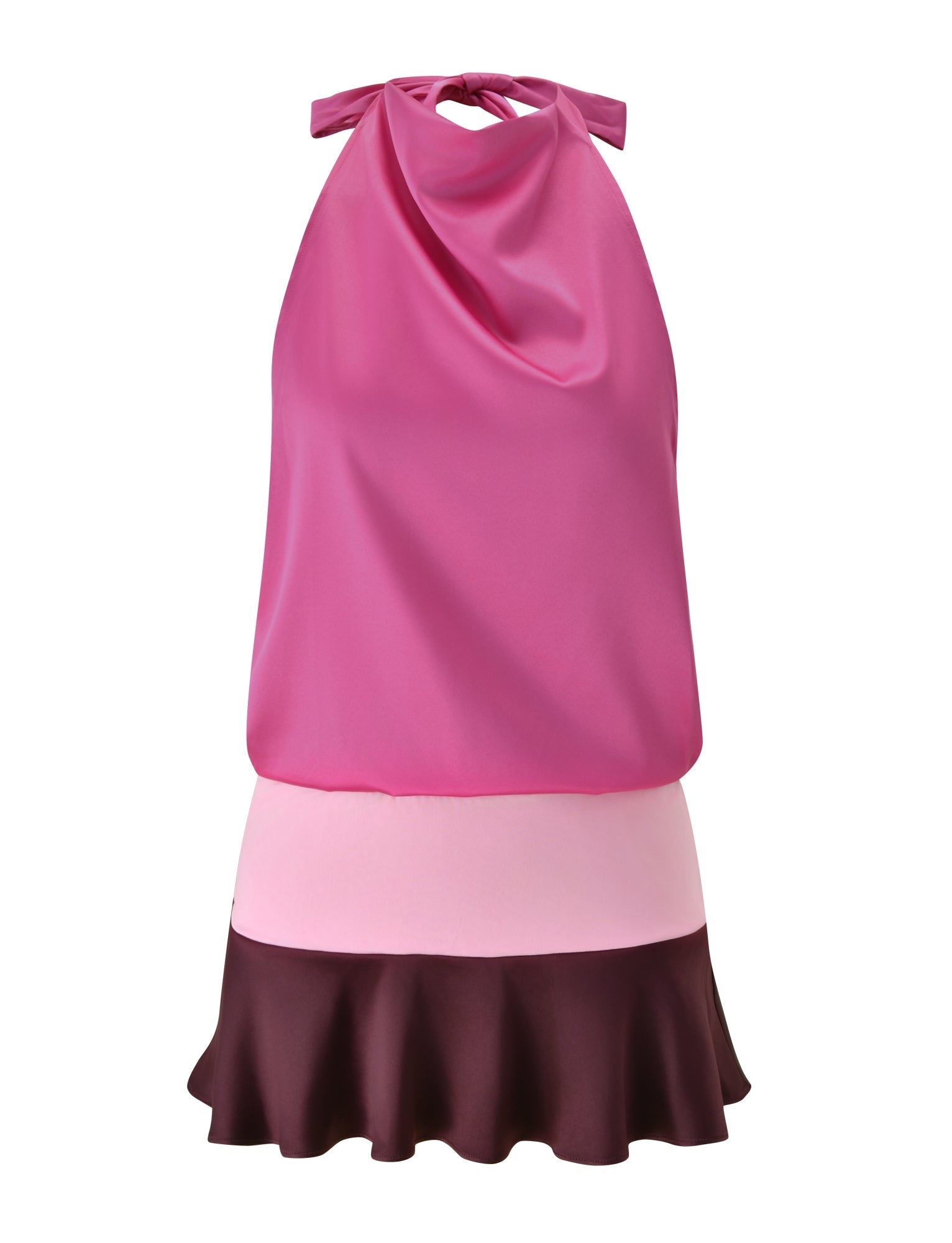 The GRETA MINI DRESS - WILD BERRY by TIGERMIST is a color-blocked party dress featuring a sleeveless halter neck, a draped pink top, and a contrasting light pink waistband, finished with a dark burgundy ruffled hem for an elegant yet striking look.