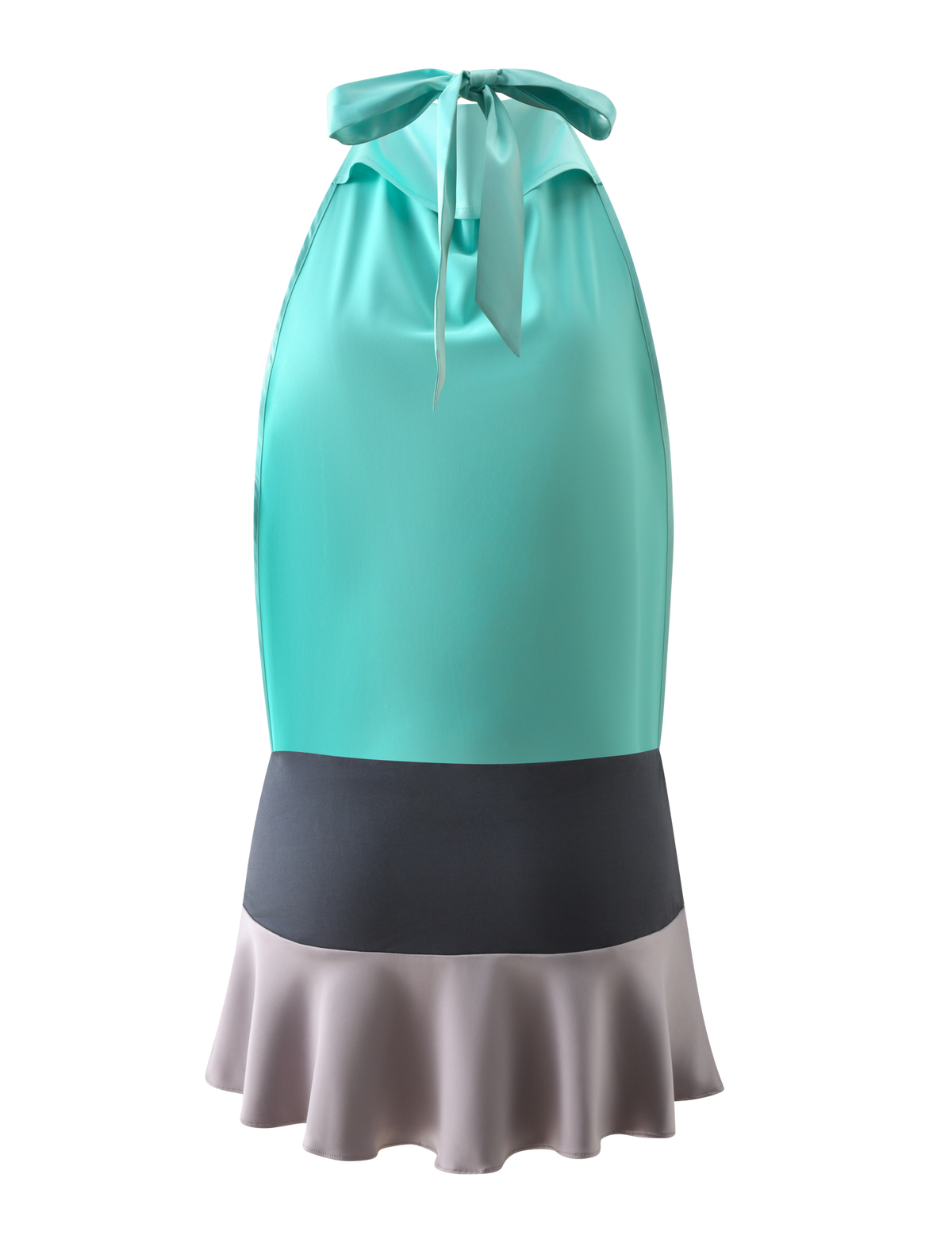 GRETA MINI DRESS - AQUA AND GRANITE halter mini dress with a tie-neck closure, featuring a tri-color cowl neck design in aqua, dark gray, and light gray with a ruffled hem.