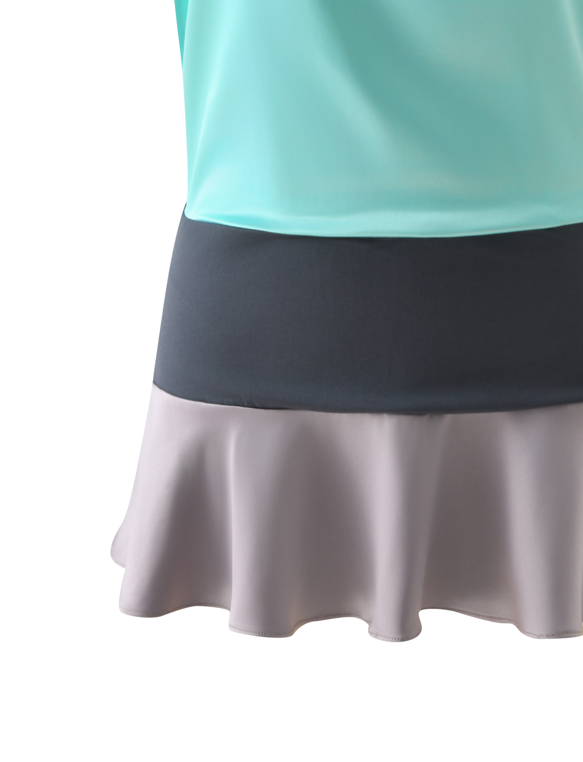 The GRETA MINI DRESS - AQUA AND GRANITE is a tri-color cowl neck mini dress featuring a bright aqua bodice, a dark grey midsection, and a ruffled light grey hem.