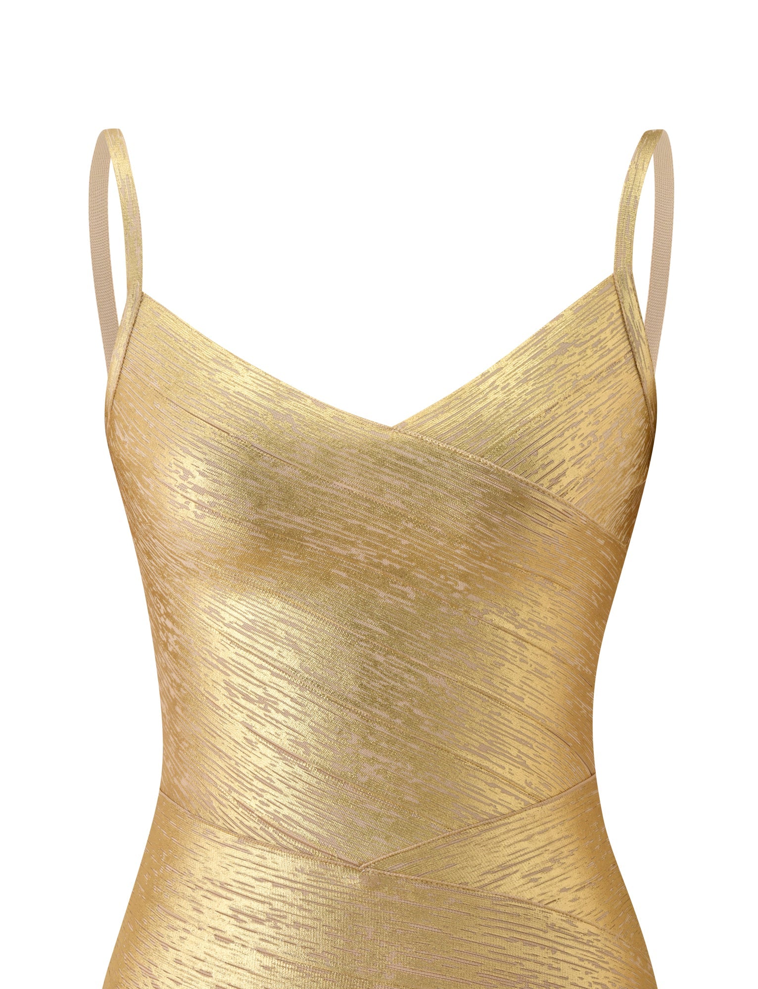 The KENZA BANDAGE MINI DRESS by TIGERMIST features a gold metallic finish with thin straps and a subtle textured pattern, shown from chest to waist against a white background—this chic mini dress is perfect for special occasions.