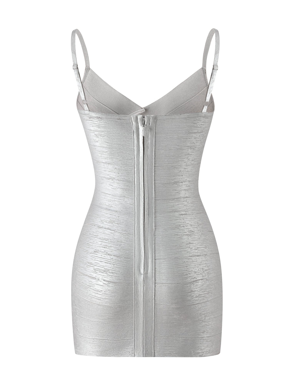 The TIGERMIST KENZA BANDAGE MINI DRESS in silver is a metallic, sleeveless bodycon mini dress featuring thin shoulder straps and a central back zipper, shown on a white background. Perfect for special occasions, this stunning silver bandage dress offers a sleek style and figure-hugging silhouette.