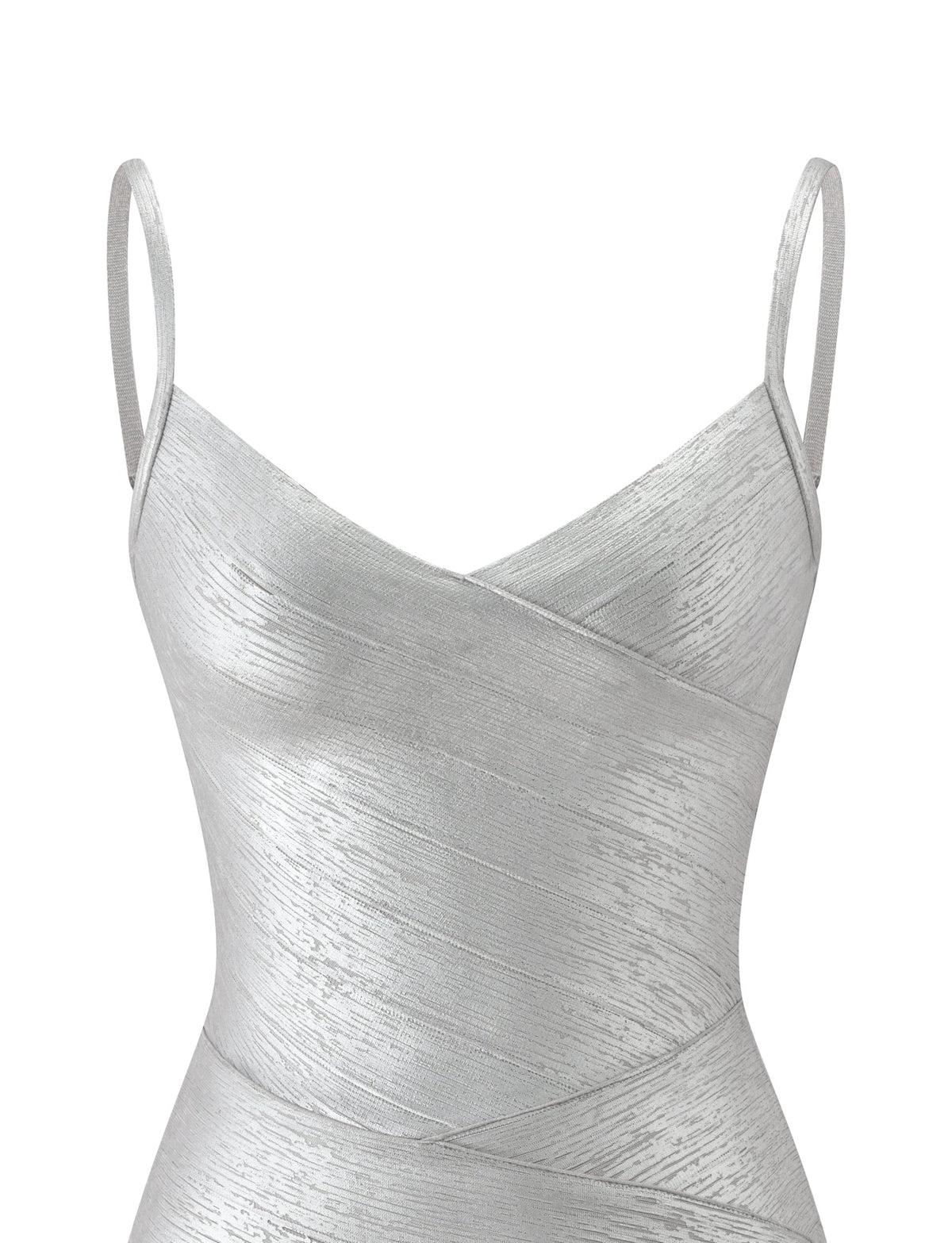The image displays the upper portion of the TIGERMIST KENZA BANDAGE MINI DRESS in silver—a sleeveless bodycon mini dress featuring thin straps and a wrapped, textured fabric design. The dress is shown against a plain white background, highlighting its special occasion style.