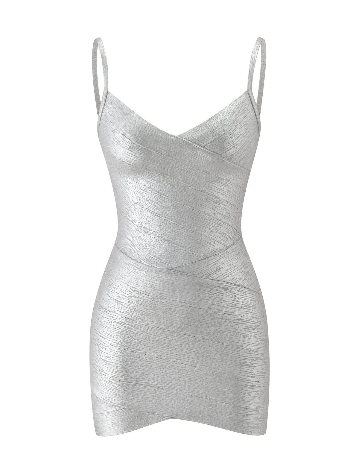 The KENZA BANDAGE MINI DRESS - SILVER by TIGERMIST features a shimmering silver metallic finish, spaghetti straps, a V-neckline, and a form-fitting, wrap-style silhouette. Displayed on a white background, this statement mini dress is perfect for special occasions and showcases an eye-catching bandage design.