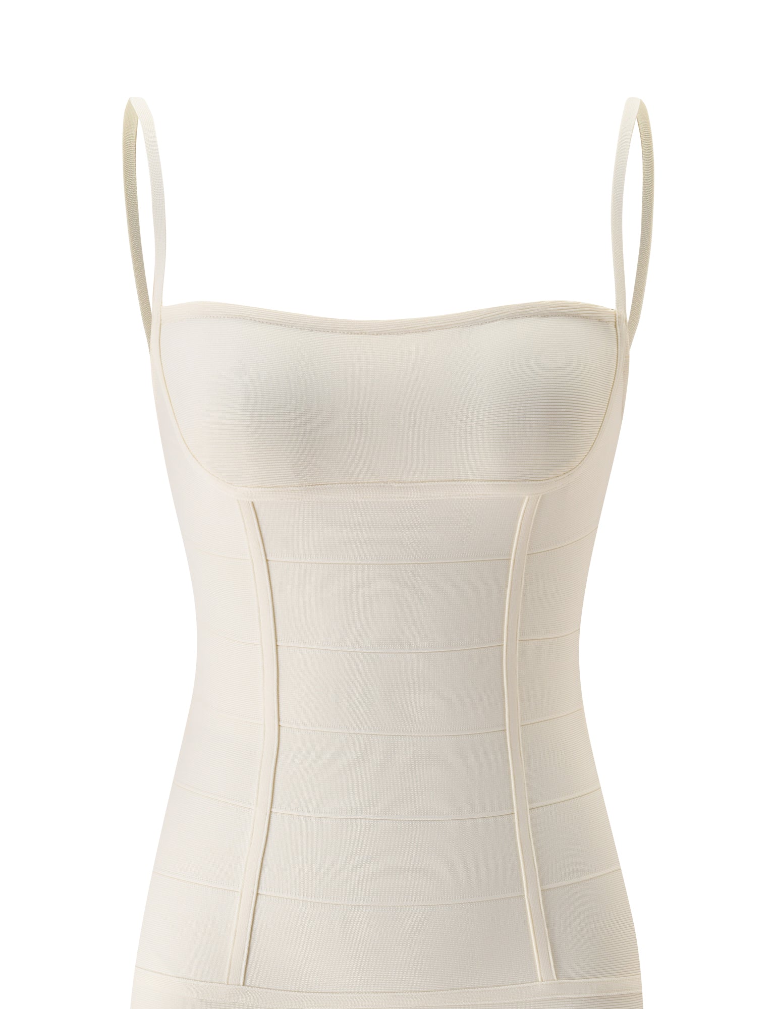 TIGERMIST’s TAHNIA BANDAGE MINI DRESS in cream features thin straps and a smooth, fitted design reminiscent of a bodycon fit and corseted silhouette, displayed on a white background.
