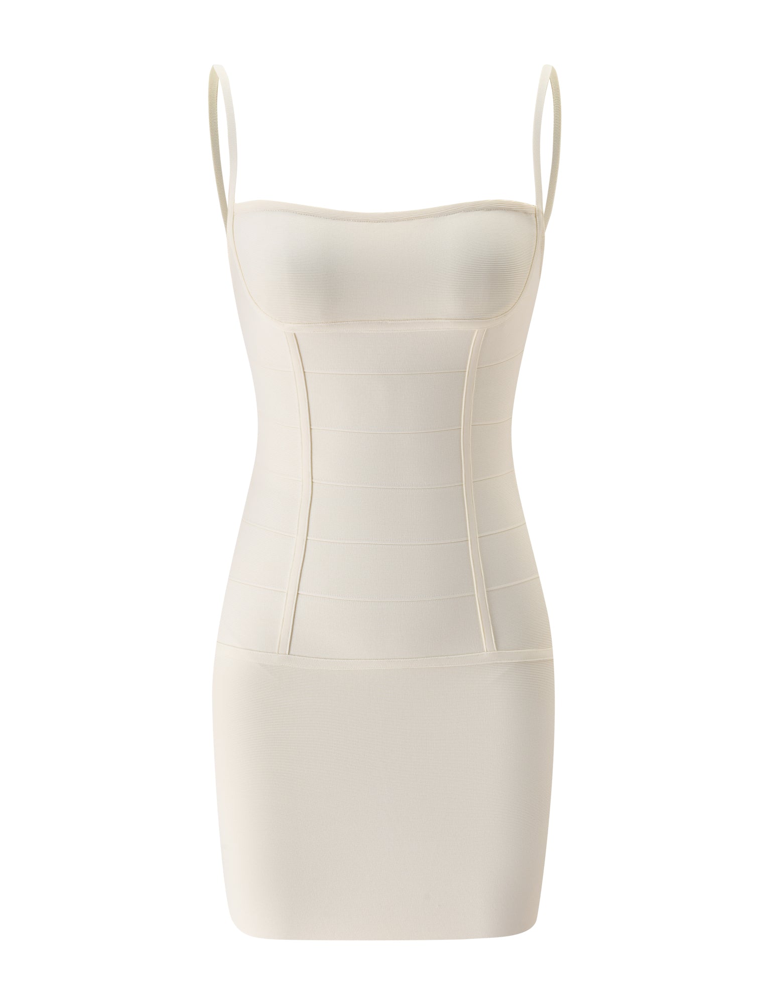 The TAHNIA BANDAGE MINI DRESS by TIGERMIST features a cream hue, sleeveless design with thin shoulder straps, a fitted bodice, and a seamless bodycon silhouette, shown against a plain white background.