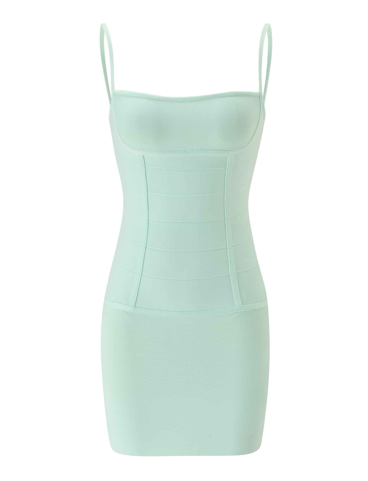 The TAHNIA BANDAGE MINI DRESS in mint by TIGERMIST features a light mint green hue, bodycon fit, and mini length with spaghetti straps. Designed with a fitted bodice and subtle vertical seam details on the front, this dress is crafted from smooth, stretchy fabric for a flattering silhouette inspired by classic corseted mini dress styles.
