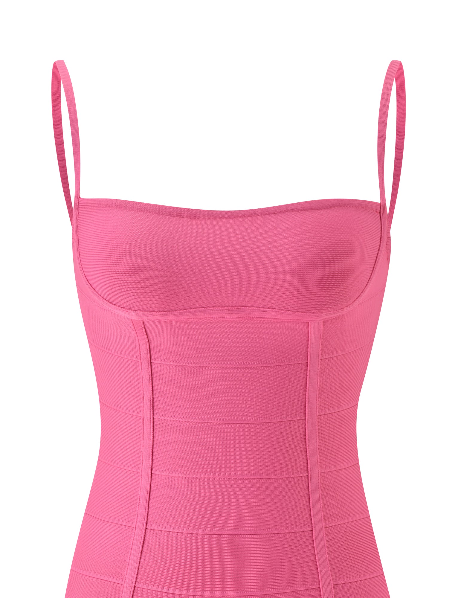 A close-up of the TIGERMIST TAHNIA BANDAGE MINI DRESS in Passion Fruit, a pink sleeveless mini dress with thin shoulder straps and structured paneling, featuring a flattering corseted silhouette, shown on a plain white background.