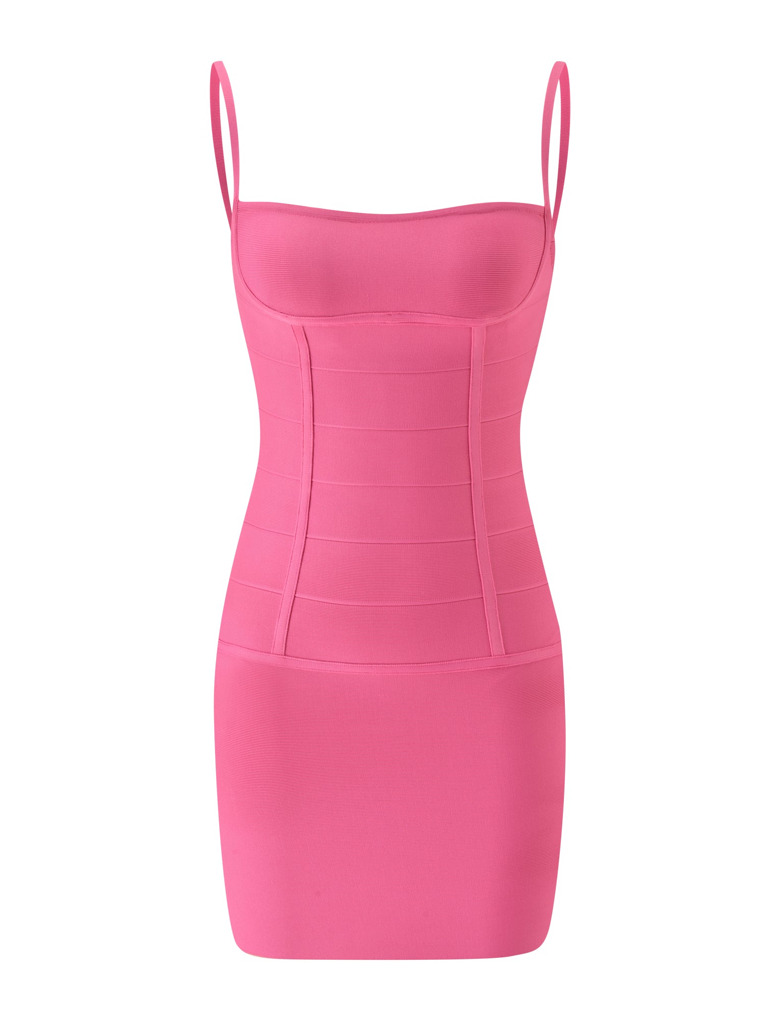 The TAHNIA BANDAGE MINI DRESS in Passion Fruit by TIGERMIST is a sleeveless, form-fitting pink mini dress with thin shoulder straps and a straight neckline, featuring a flattering corseted silhouette, shown on a plain white background.