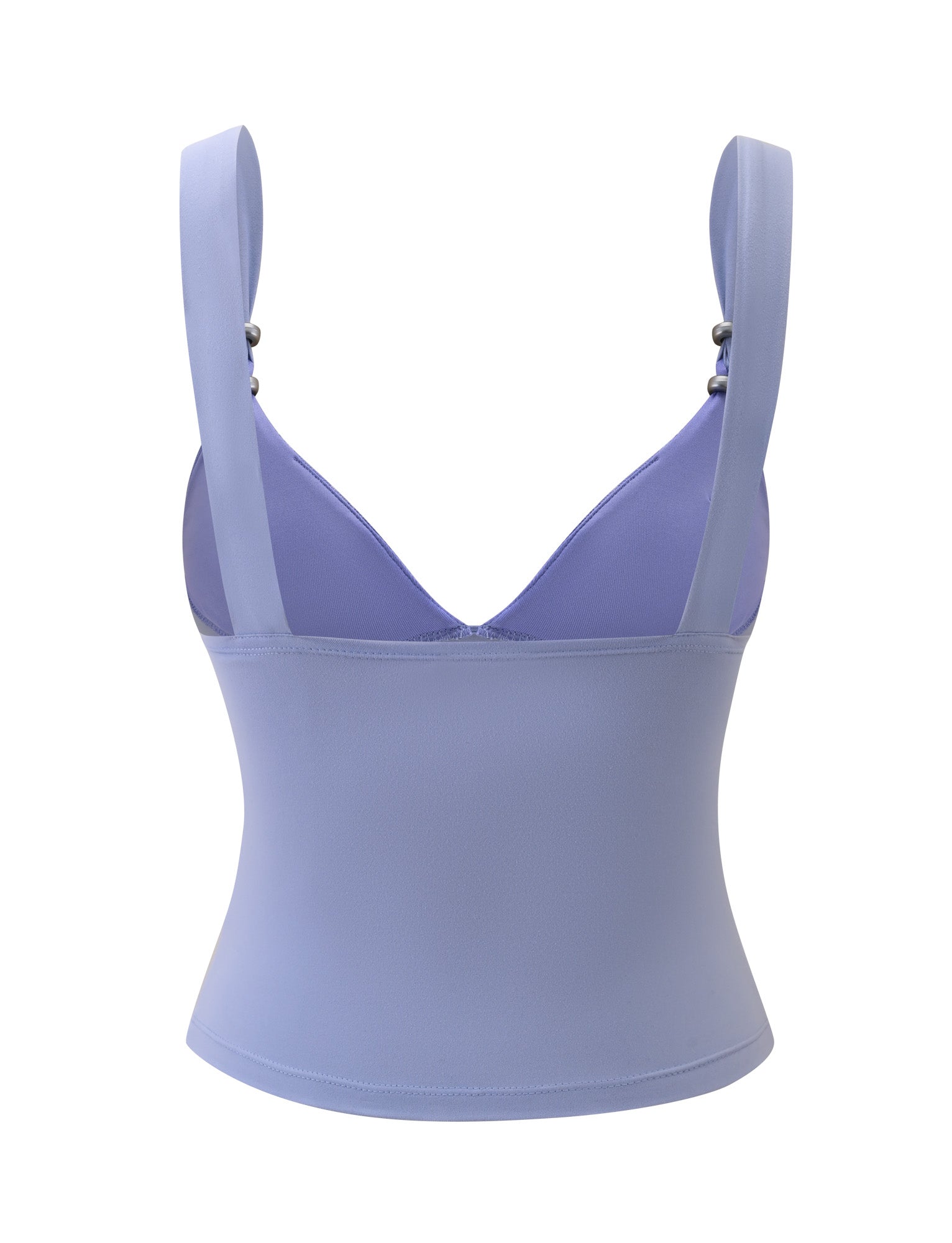 Cornflower blue tonal fitted camisole top by TIGERMIST, the ORLY TOP features wide shoulder straps, a V-shaped neckline, and a smooth, seamless finish. The back view highlights its structured shape and snug fit, while delicate contrast lace adds an elegant touch to the design.