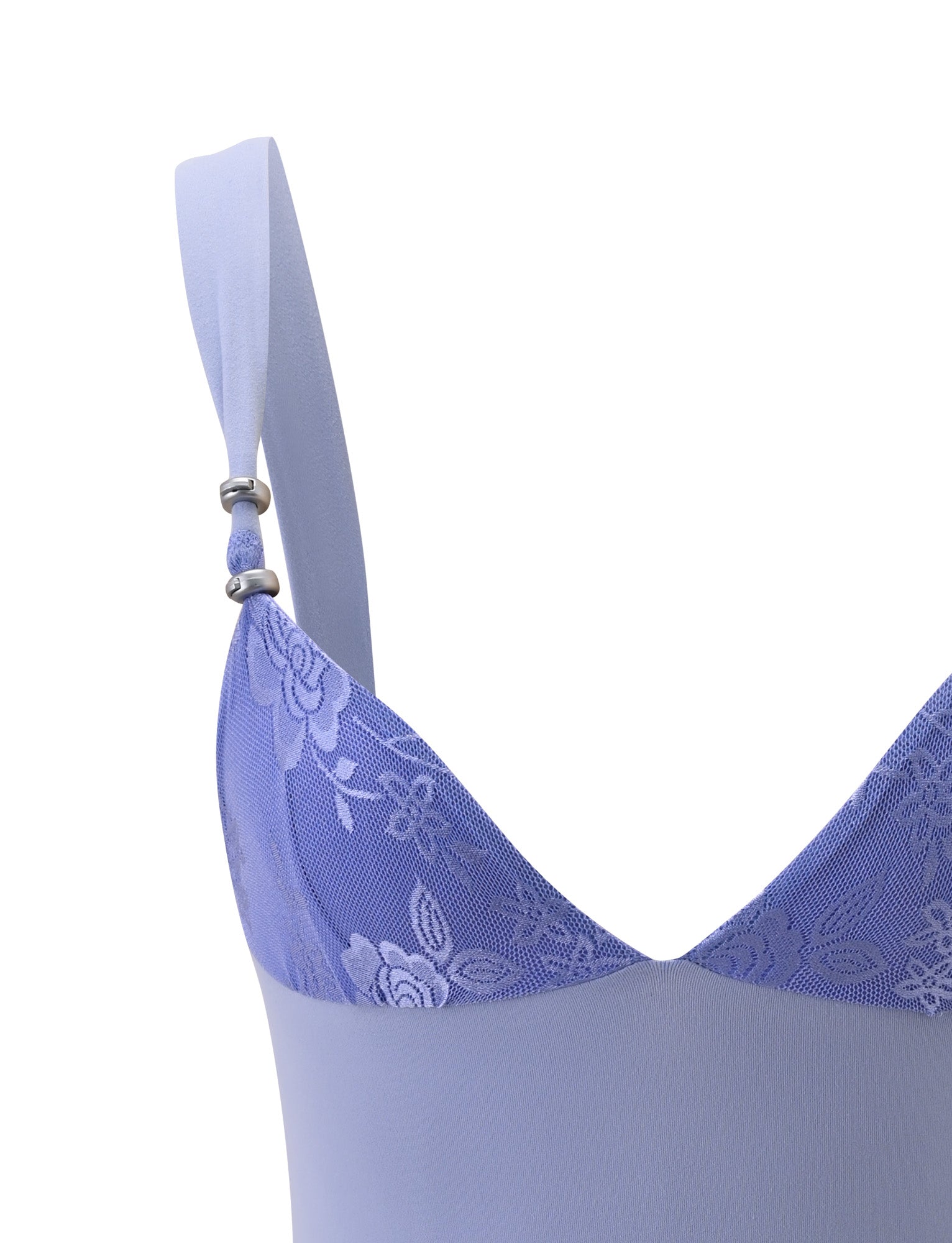 Close-up of the ORLY TOP in cornflower blue tonal by TIGERMIST, featuring contrast lace detailing along the top edge of the cup and adjustable straps with silver beads.