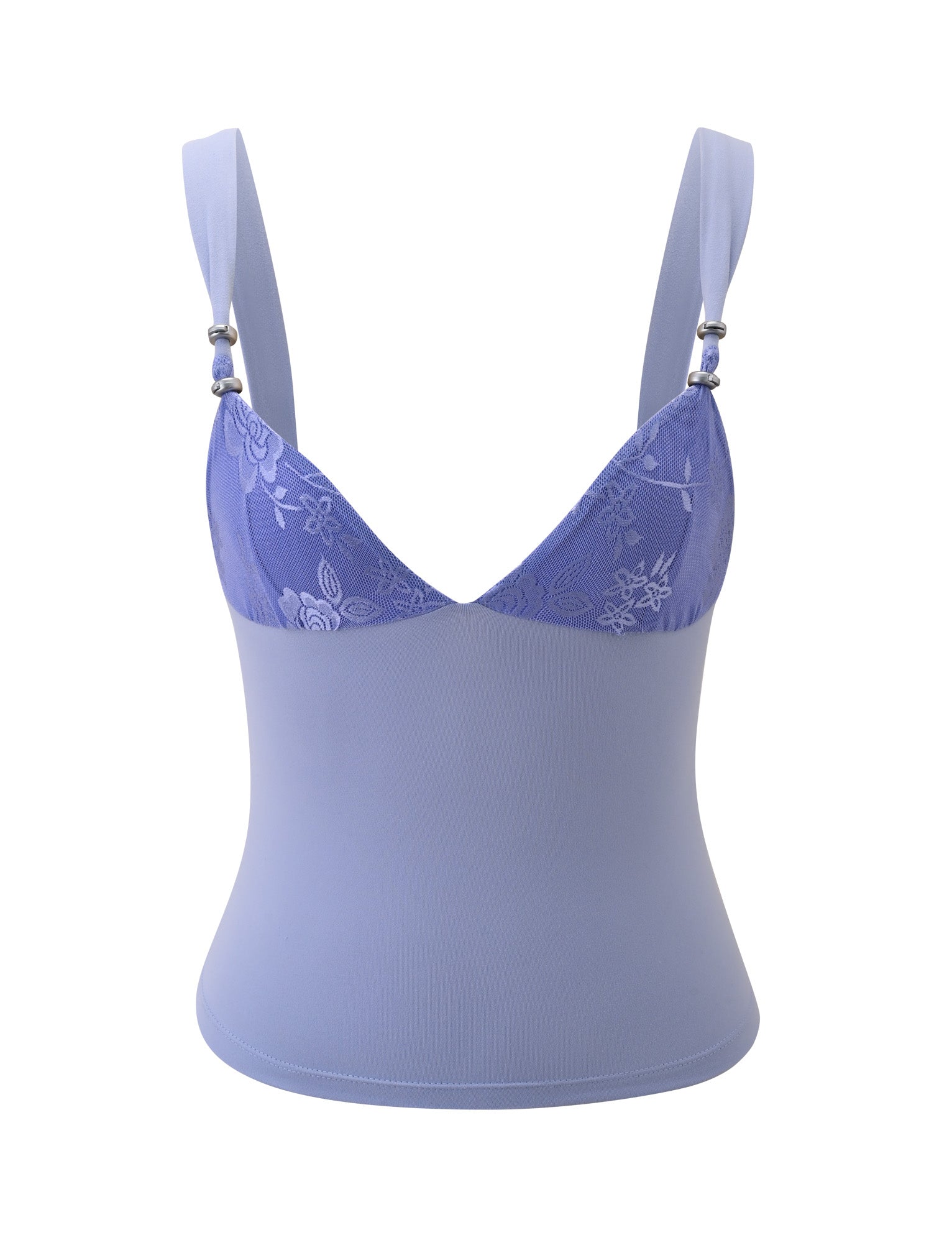 Introducing the ORLY TOP - CORNFLOWER BLUE TONAL by TIGERMIST: This light blue camisole features adjustable wide straps and intricate contrast lace detailing across the bust. Crafted from a smooth, fitted fabric with floral lace accents and subtle adjustable silver beads, it brings a delicate decorative touch to the upper section.