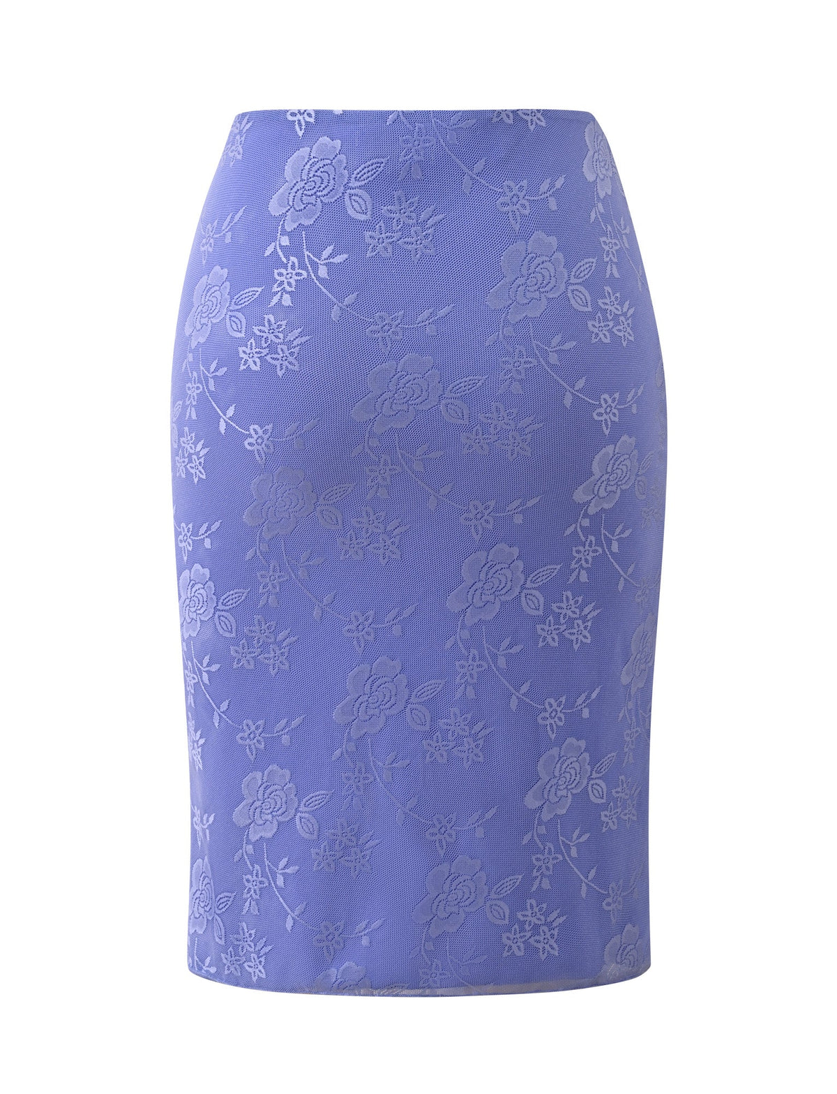 The ORLY MIDI SKIRT by TIGERMIST is a fitted, knee-length pencil skirt in cornflower blue tonal with a subtle floral jacquard pattern—making it the perfect garden party skirt thanks to its refined elegance and delicate detailing.