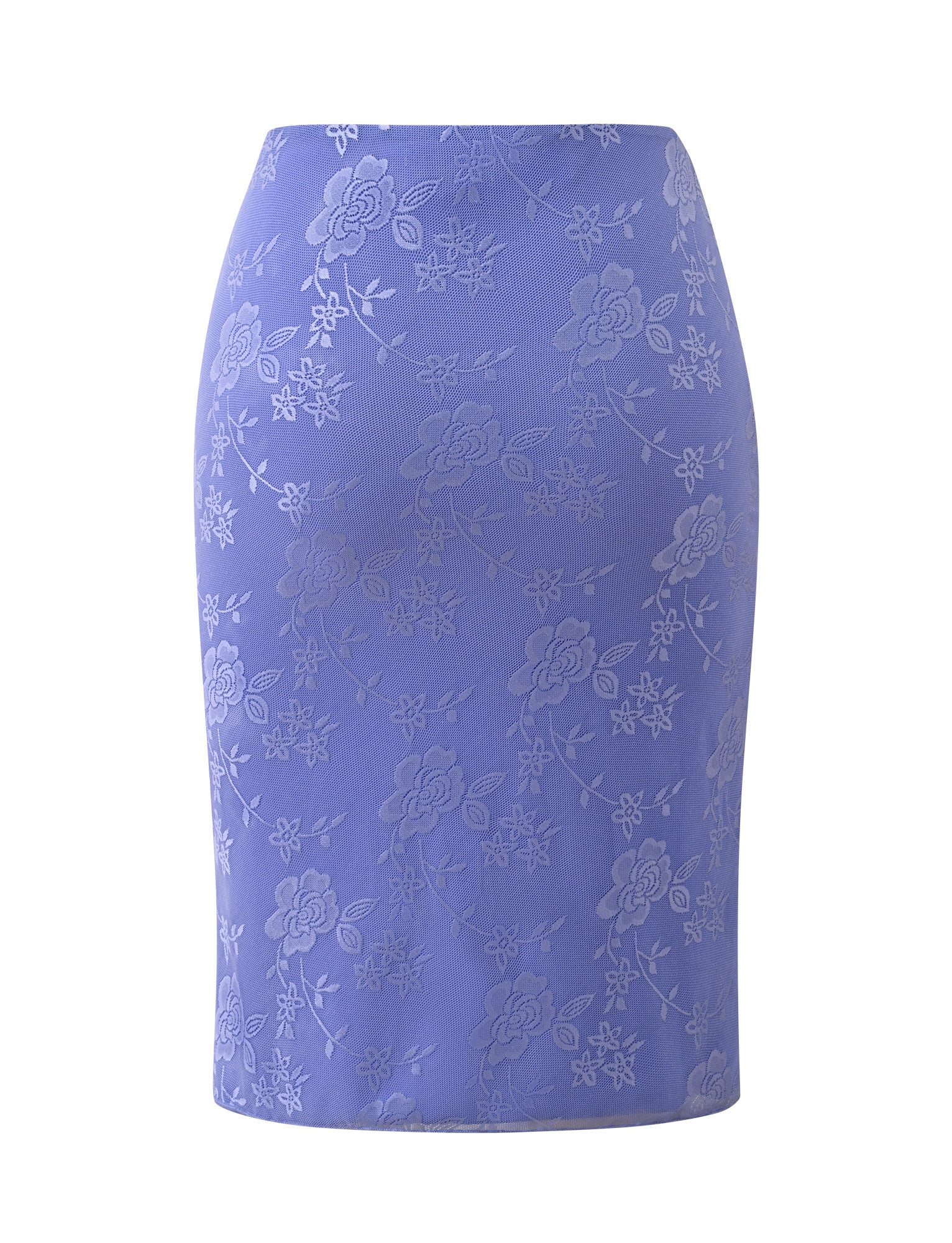 The ORLY MIDI SKIRT by TIGERMIST is a fitted, knee-length pencil skirt in cornflower blue tonal with a subtle floral jacquard pattern—making it the perfect garden party skirt thanks to its refined elegance and delicate detailing.
