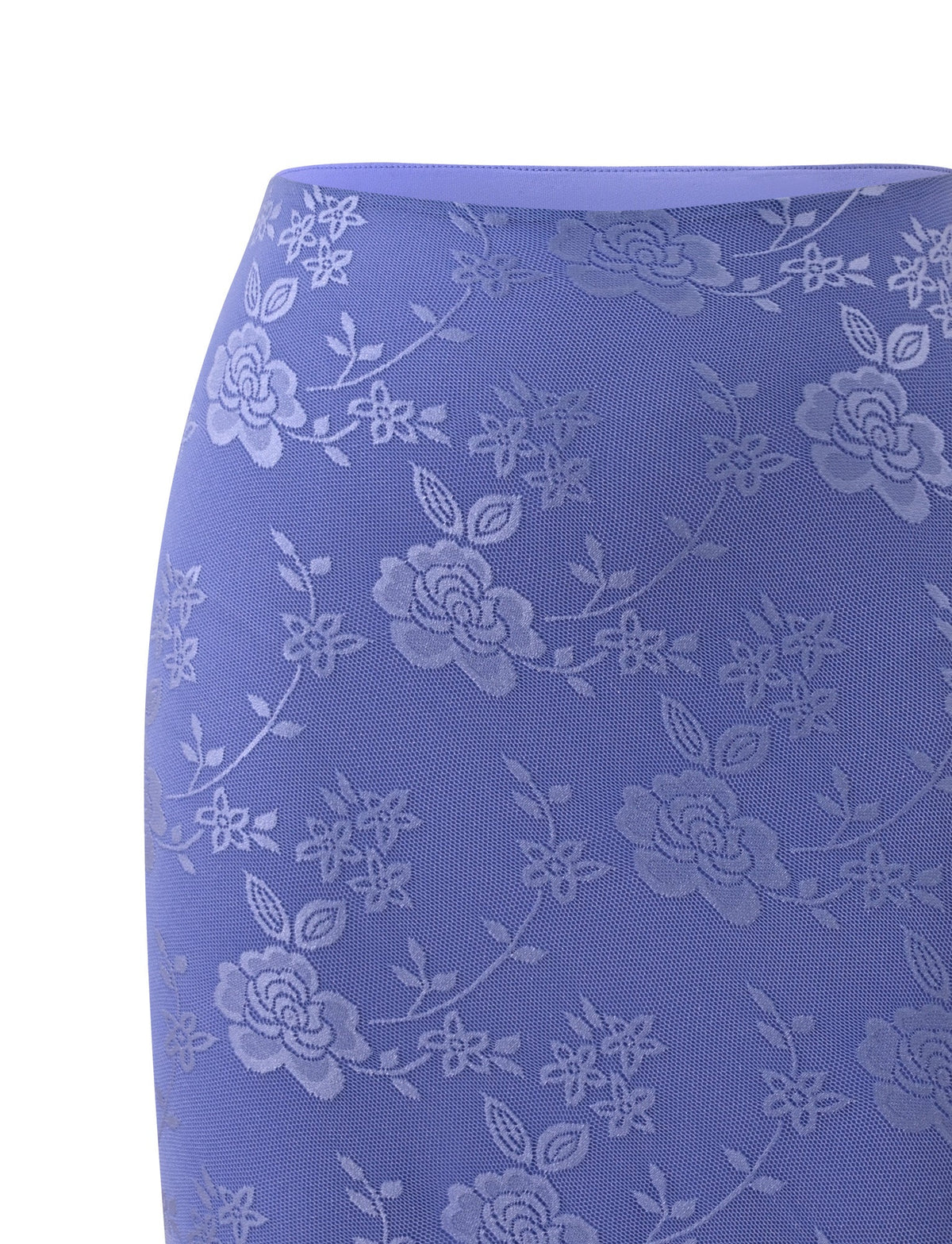 A close-up of the TIGERMIST ORLY MIDI SKIRT in cornflower blue tonal, featuring an intricate floral lace pattern in a slightly lighter blue shade.