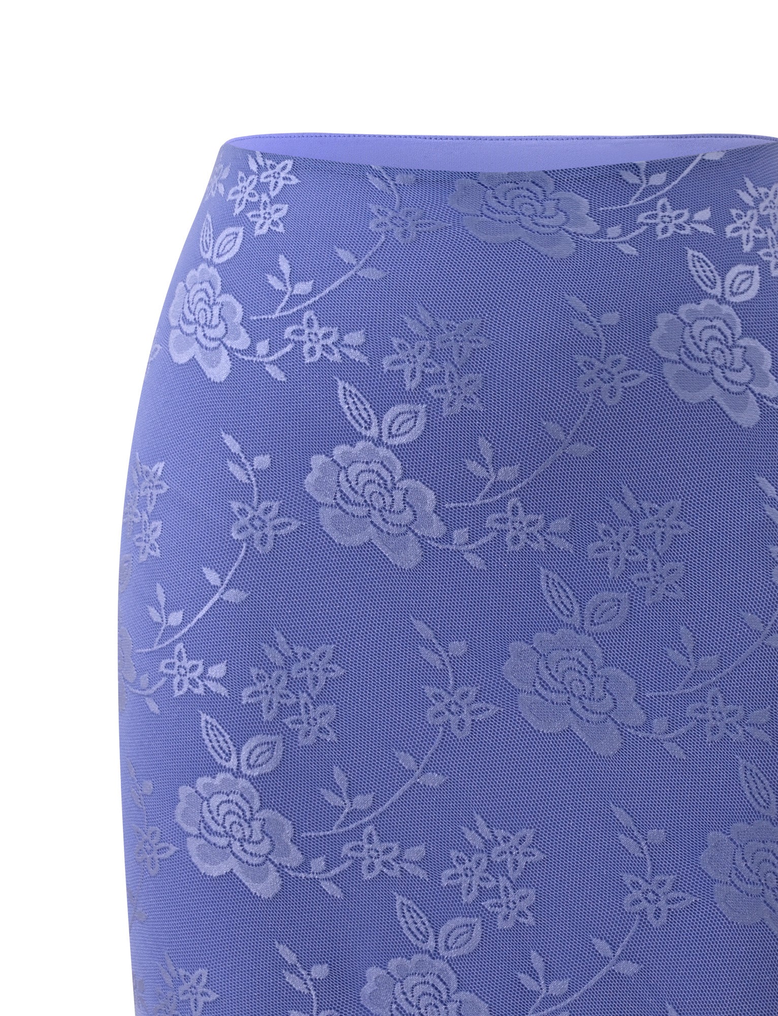 A close-up of the TIGERMIST ORLY MIDI SKIRT in cornflower blue tonal, featuring an intricate floral lace pattern in a slightly lighter blue shade.