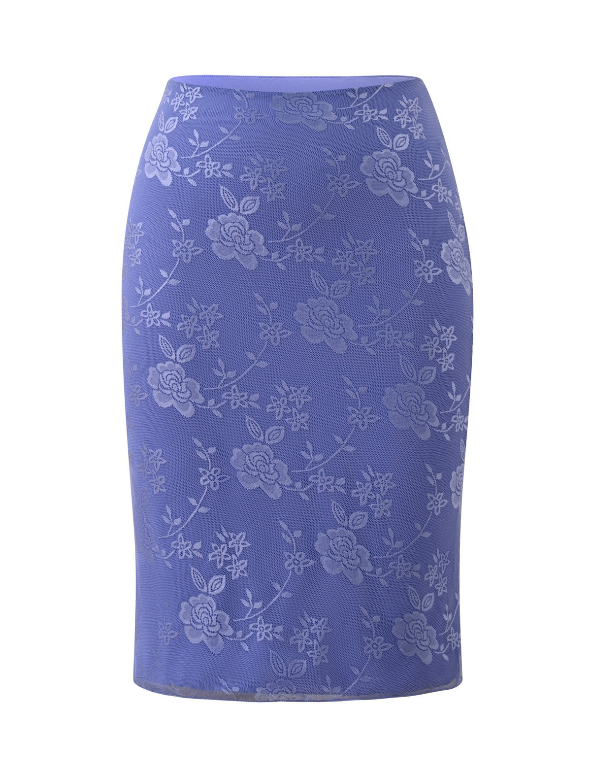 TIGERMIST’s ORLY MIDI SKIRT in Cornflower Blue Tonal showcases a fitted 90s-inspired midi silhouette, detailed with an all-over floral lace pattern in soft blue hues—perfect as a standout skirt for garden parties.