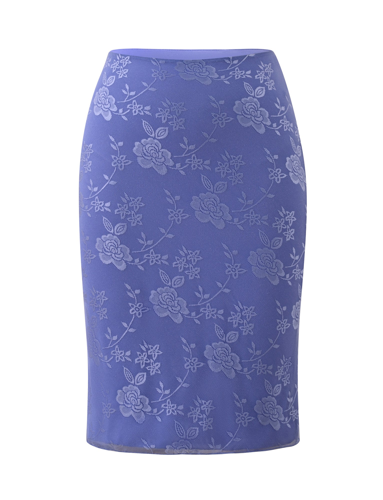 TIGERMIST’s ORLY MIDI SKIRT in Cornflower Blue Tonal showcases a fitted 90s-inspired midi silhouette, detailed with an all-over floral lace pattern in soft blue hues—perfect as a standout skirt for garden parties.