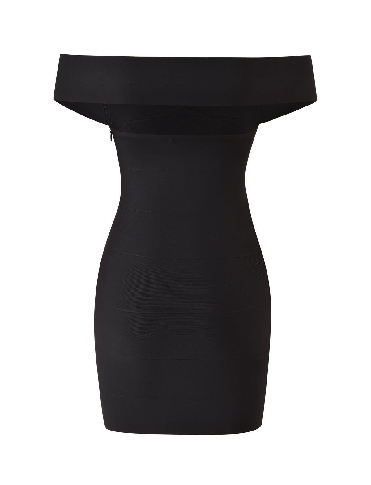 The ANTONEA BANDAGE MINI DRESS by TIGERMIST is a black, off-shoulder bodycon mini dress featuring a fitted silhouette and a wide sweetheart neckline that elegantly folds over the shoulders, offering a sleek and sophisticated look.