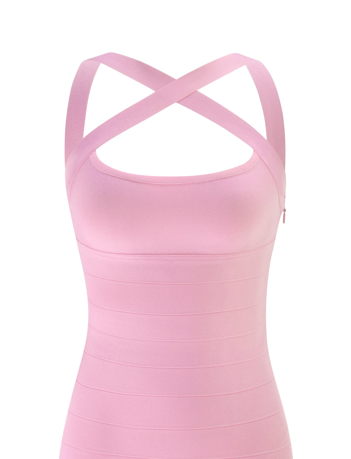 ELIORA BANDAGE MINI DRESS - BABY PINK featuring a square neckline, crisscross shoulder straps, and a flattering bodycon silhouette.