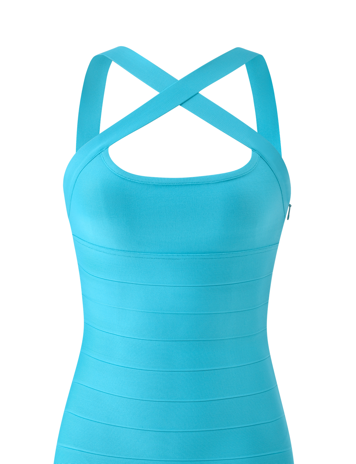 Detail view of the criss-cross halter neckline and keyhole on the Tiger Mist Eliora Bandage Mini Dress in Teal
