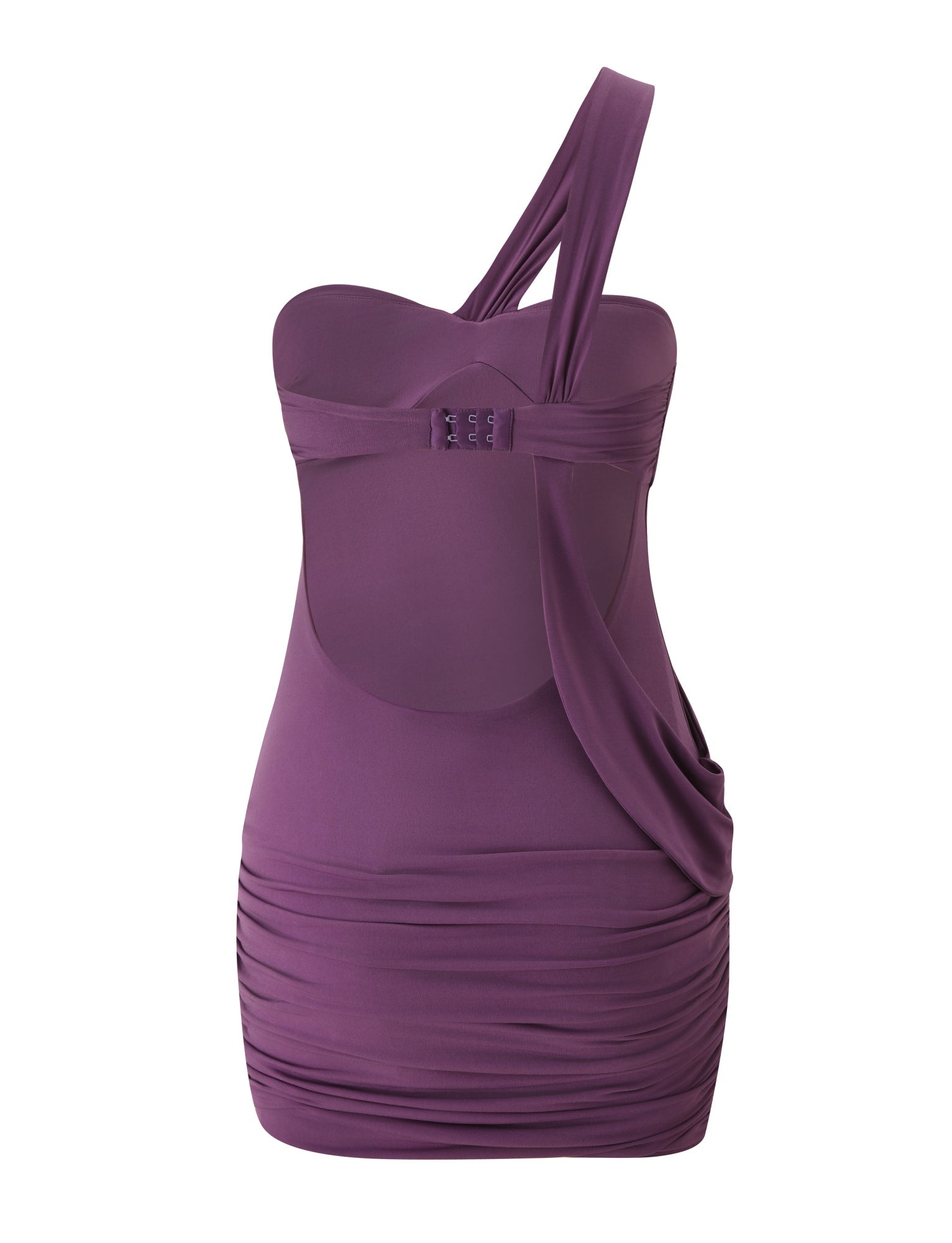 The MAIZY MINI DRESS - PLUM by TIGERMIST is a sleeveless mini dress featuring a chic one-shoulder design, a fitted ruched skirt, and an elegant draped fabric detail on the side.